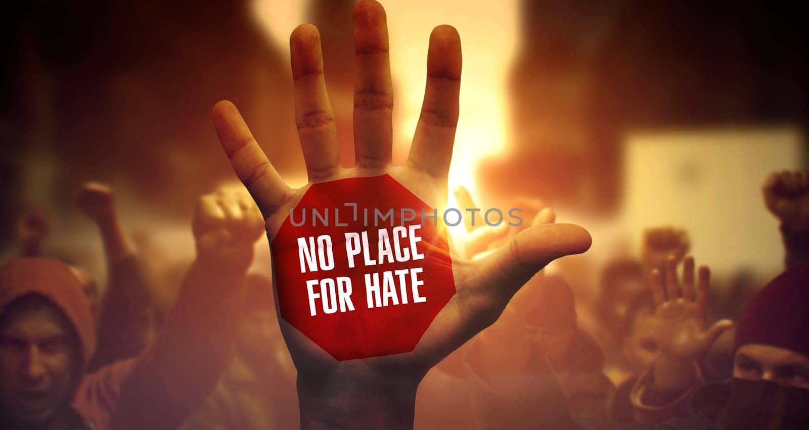 Crowd of Diverse People on Demonstration. No Place For Hate Written on Raised Arm. No Place For Hate - Close View of Raised Arm on Demonstration. Public Protest and Struggle for No Place For Hate.