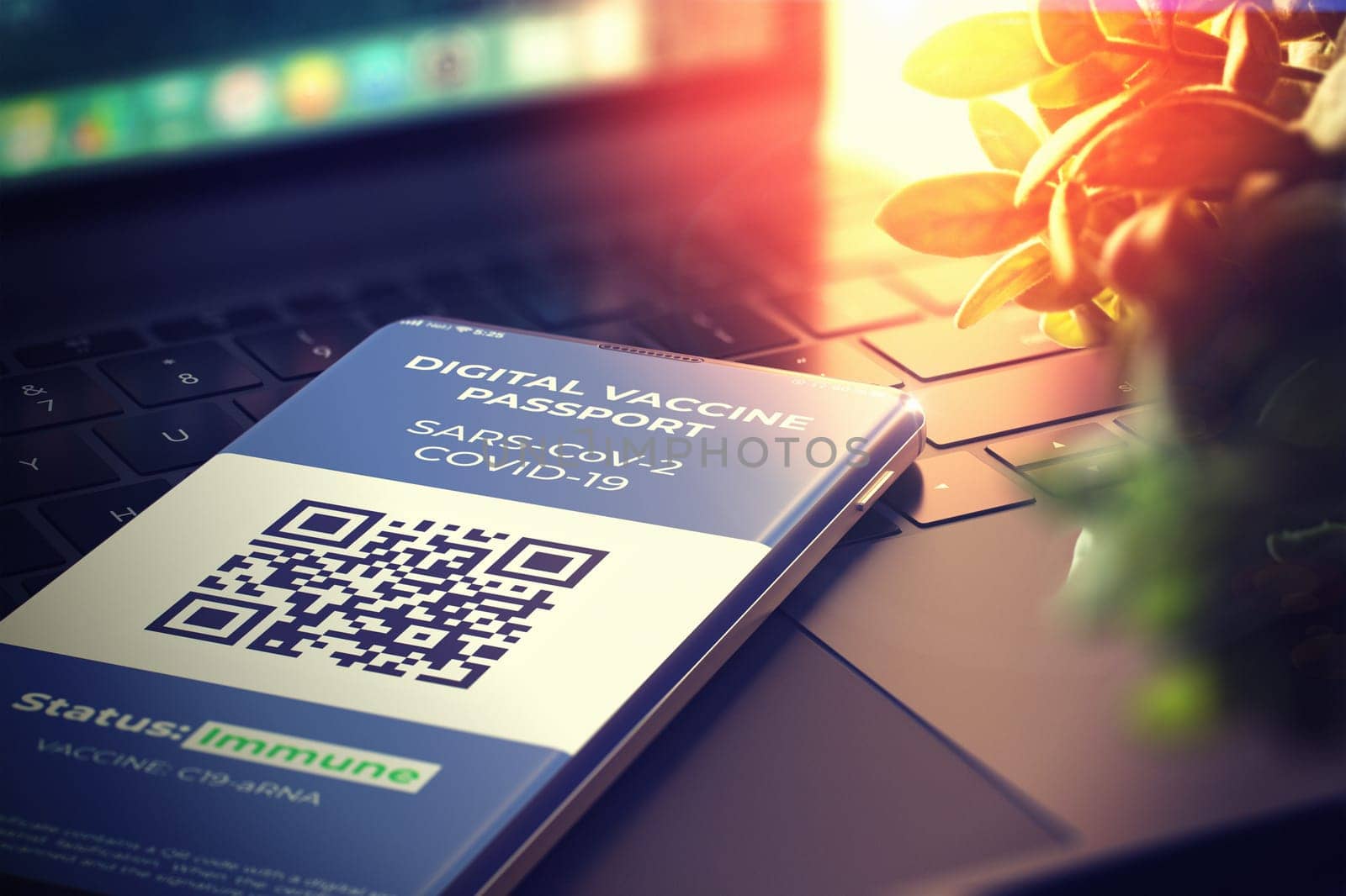 COVID-19 Vaccination Passport in Mobile Phone for Travel. Smartphone with Health Certificate app, Digital Coronavirus Pass. Concept of Corona Virus, immunity Passport and Tourism. 3D.