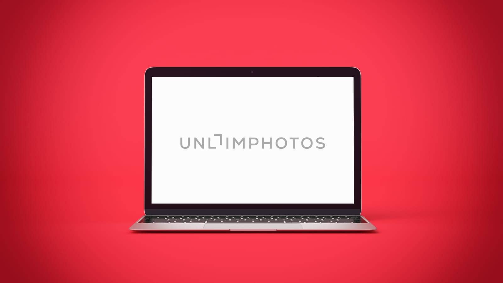 Minimalistic Laptop with Blank Screen. Mockup on Red, 3d Rendering