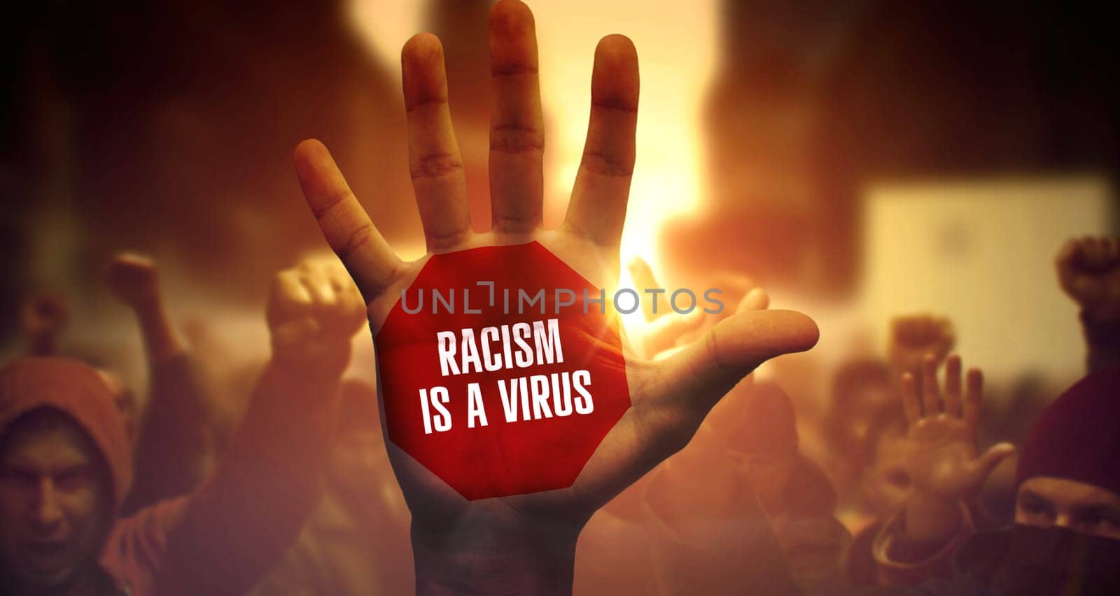 Racism Is A Virus. Protesting and Fighting for Their Rights. Closeup on Raised Arm. Crowd of Angry Man and Woman on Revolution. Racism Is A Virus Written on Raised Arm.