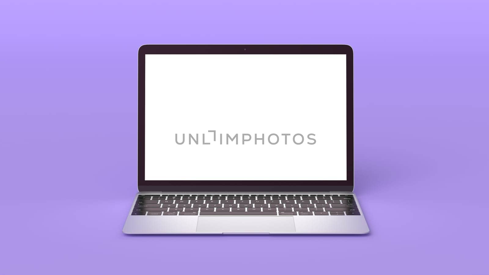 Mockup of Modern Laptop with Blank Screen on Purple Background. 3D Render illustration for Your Design.