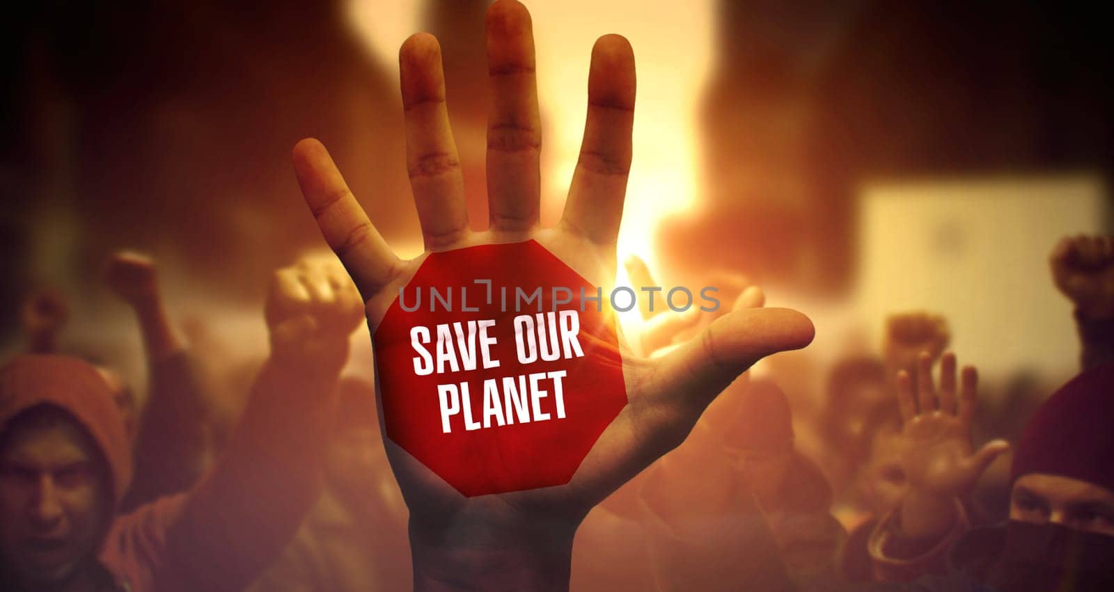 Crowd of Angry Man and Woman on Loud Demonstration. Save Our Planet Written on Raised Hand. Save Our Planet - Up Close of Raised Palm on Revolution. Public Protest and Struggle for Save Our Planet.