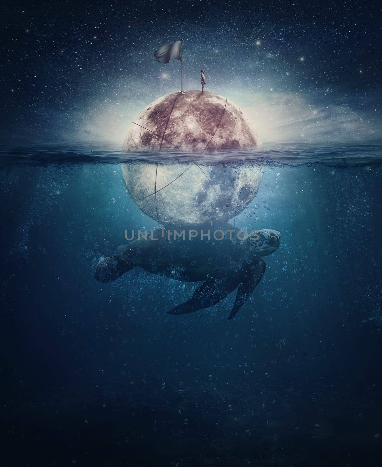 Surreal scene with a turtle, huge sea creature, carrying the full moon with a lone sailor on the top. Fantasy underwater seascape, and starry sky above. Magical night view, imaginary sailing adventure