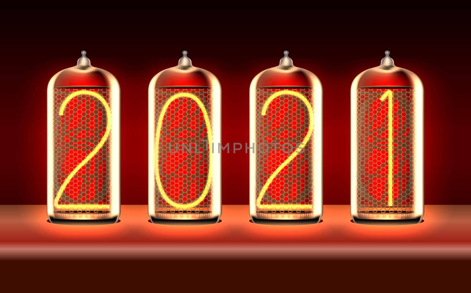 New Year greeting card with 2021 lit up in retro-styled nixie tube indicator lamps, includes transparency. Vector illustration.