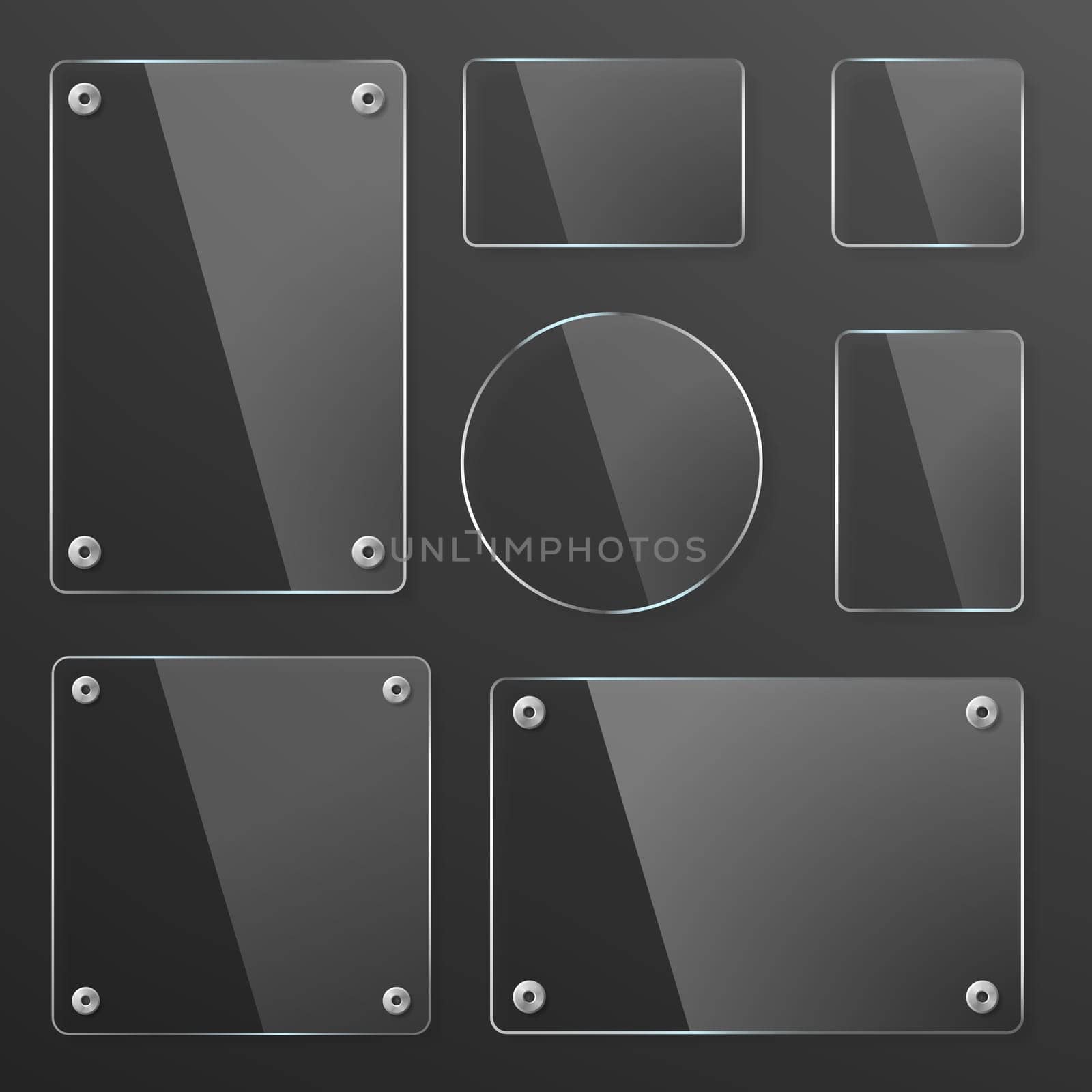 Transparent Glass plates set. Square shape, rectangle and round circle. See through mock up with mounts. Plastic banners with reflection and shadow. Photo realistic vector illustration