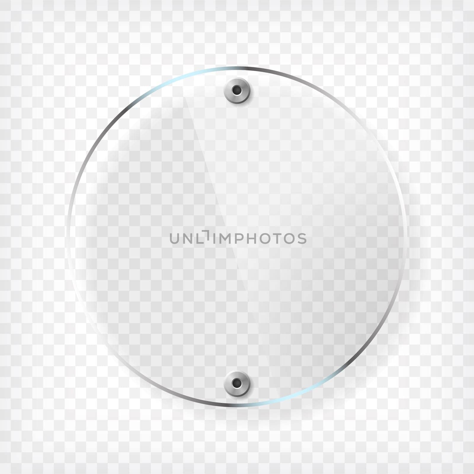 Transparent round glass plate. See through plastic banner with reflection, mounts and shadow on checkered background. Vector illustration