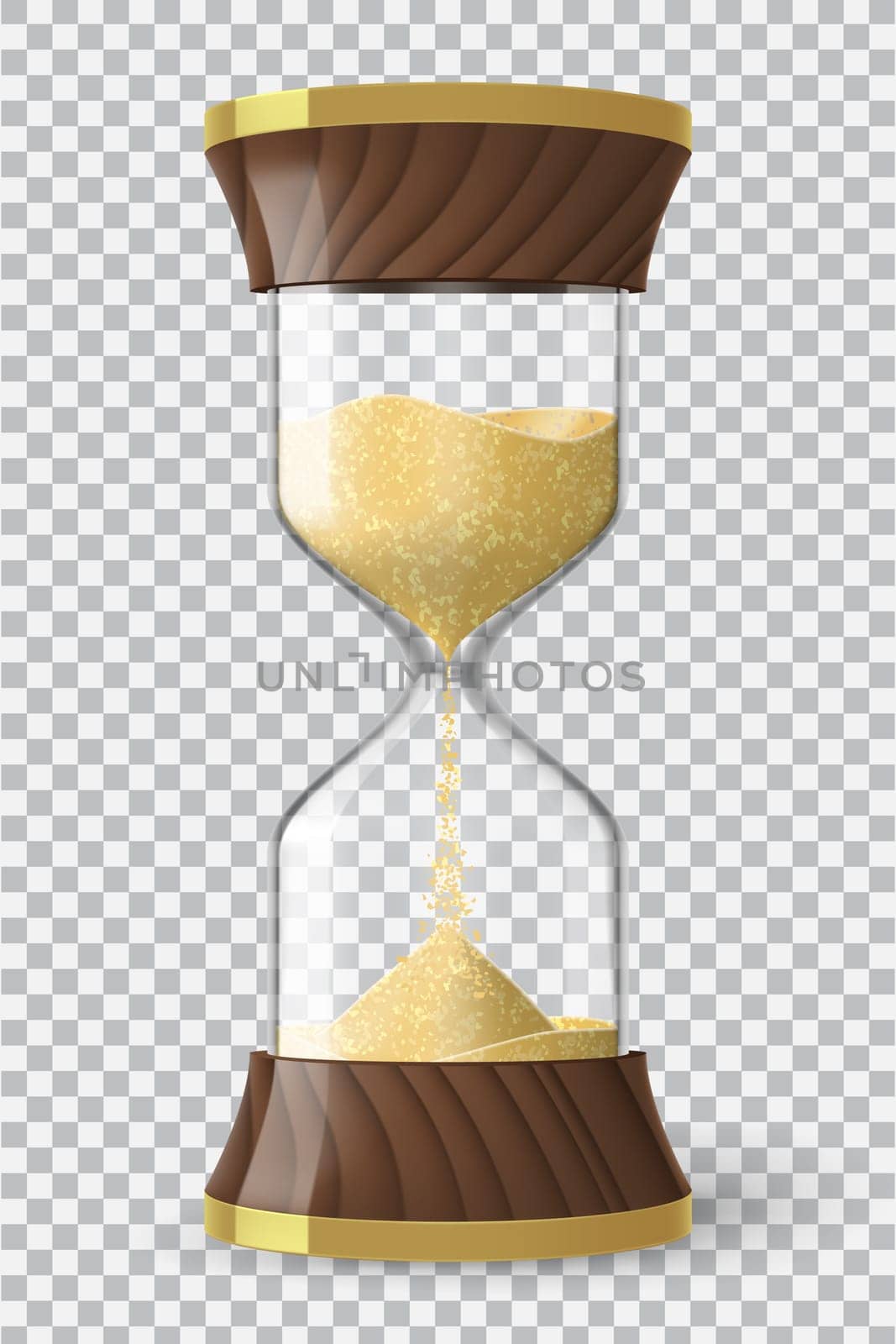 Realistic hourglass clock made of glass, wood and golden metal with yellow sand running down, on transparent background. Vector illustration.