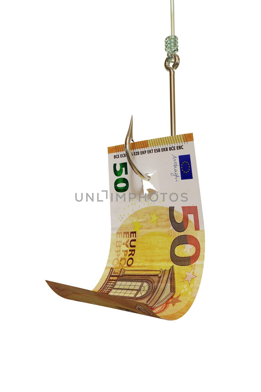 Euro bill on fishing hook, isolated on white background. Catching cash, investment, winning a lottery concept. 3D illustration
