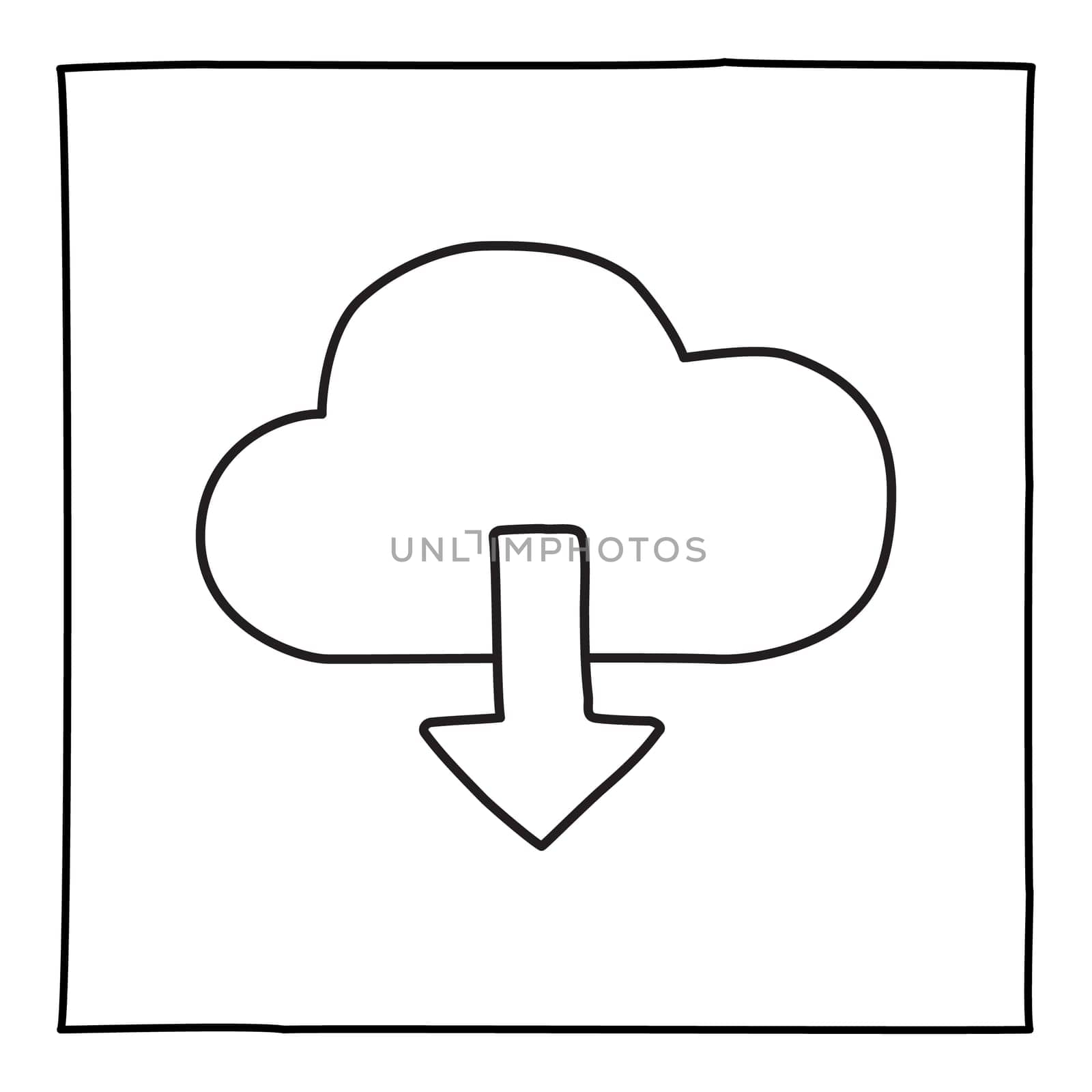 Doodle Cloud Download icon or logo, hand drawn with thin black line. Graphic design element isolated on white background. Vector illustration