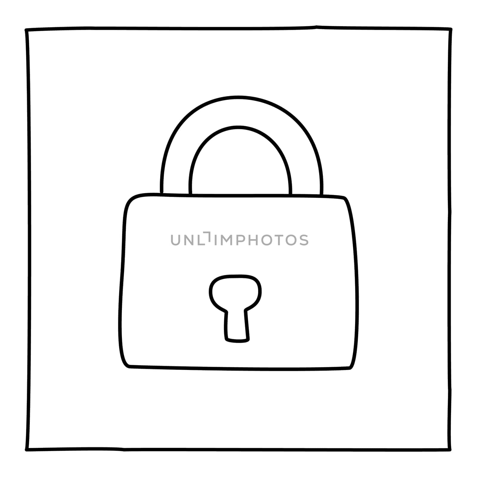 Doodle Padlock icon or logo, hand drawn with thin black line. Graphic design element isolated on white background. Vector illustration