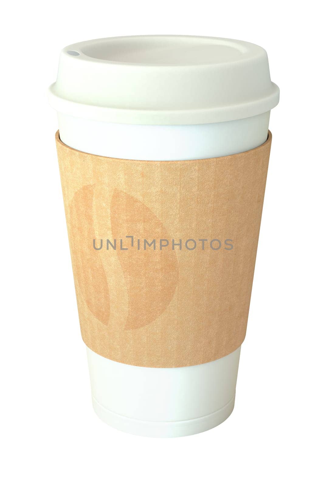 Blank white takeaway coffee cup with silicone cover and brown cardboard sleeve with coffee bean print ornament, isolated on white background. 3D illustration