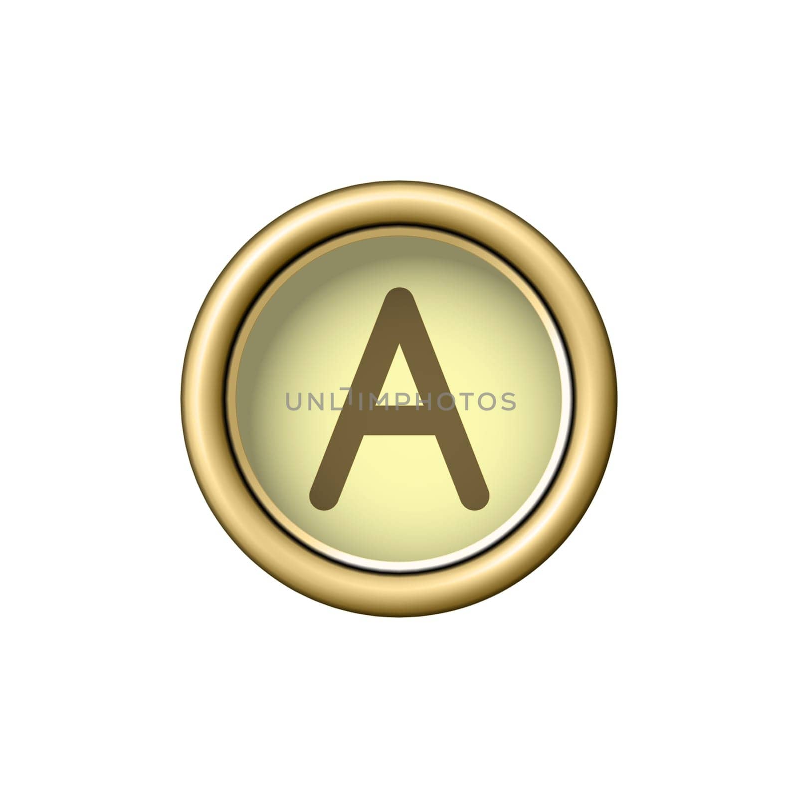 Letter A. Vintage golden typewriter button isolated on white background. Graphic design element for scrapbooking, sticker, web site, symbol, icon. Vector illustration.