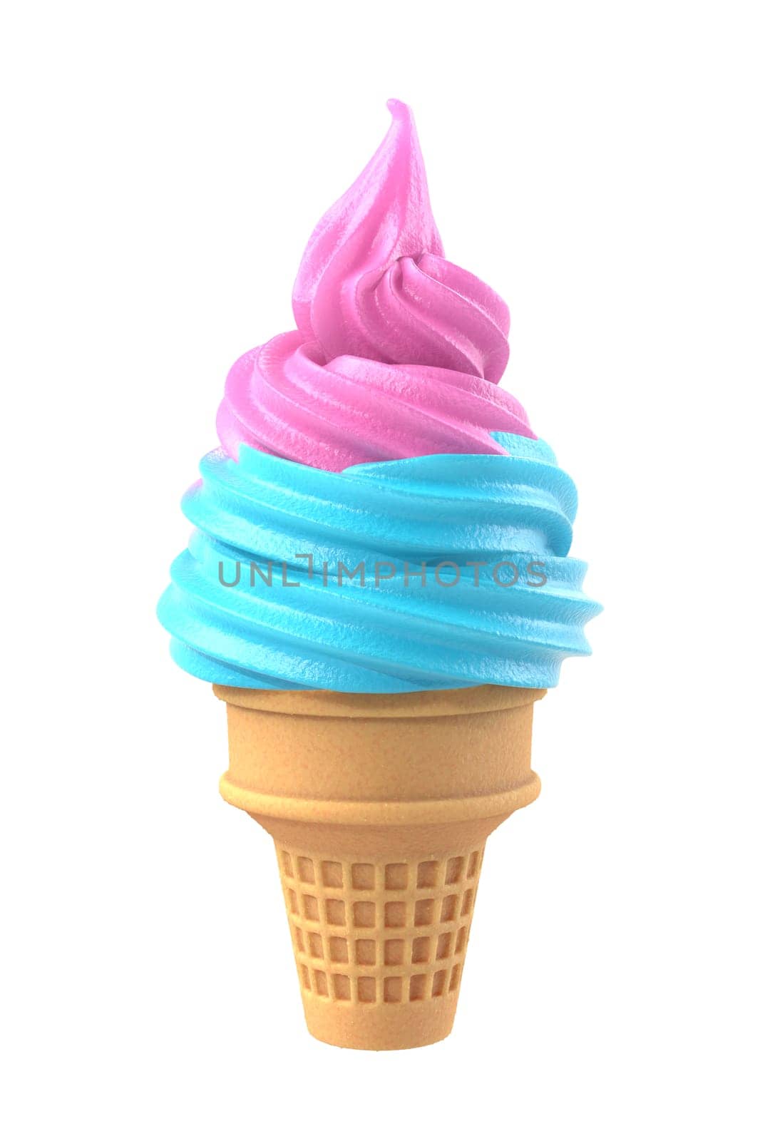Soft ice icecream in waffle cone, pink berry and blue mint taste, solated on white background. 3D illustration