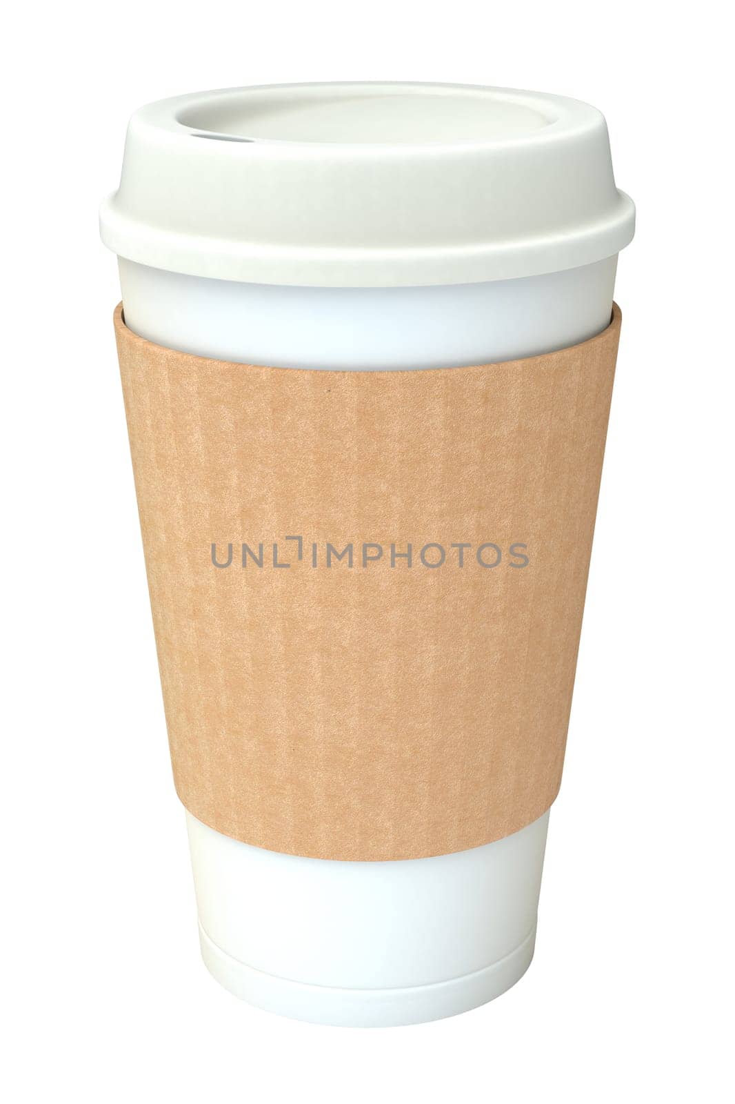 Blank white takeaway coffee cup with silicone cover and brown cardboard sleeve, isolated on white background. 3D illustration