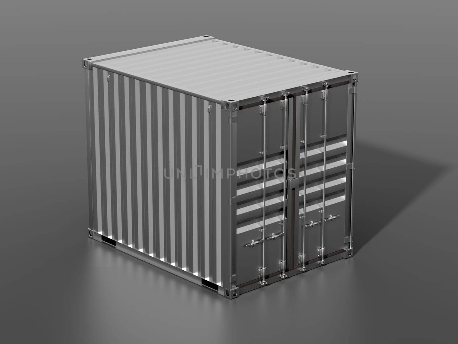 Ship cargo container 10 feet length. Dark grey metallic freight box with shadow grey background. Marine logistics, harbor warehouse, customs, transport shipping concept. 3D illustration