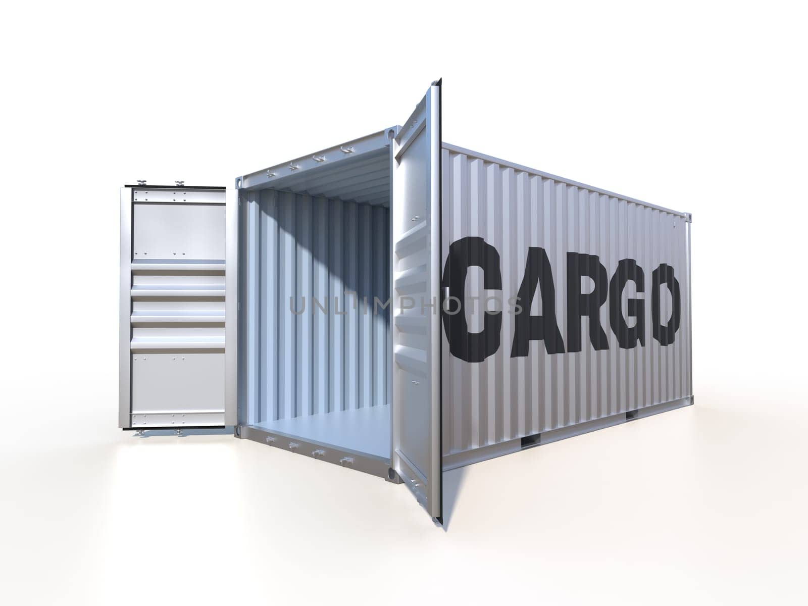 Empty ship container with the word CARGO on the side, with open doors, isolated on white background. 3D illustration