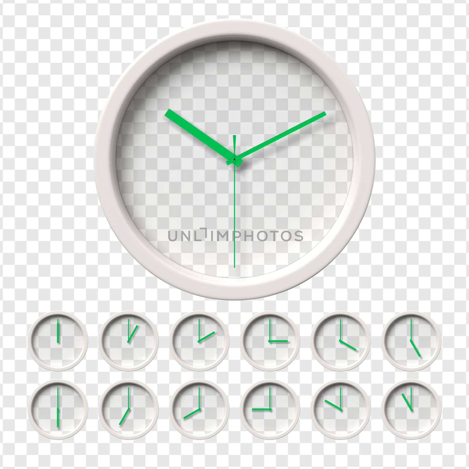 Realistic Wall Clocks set. Transparent face. One clock for every hour. Green hands. Ready to apply. Graphic element for documents, templates, posters, flyers. Vector illustration.