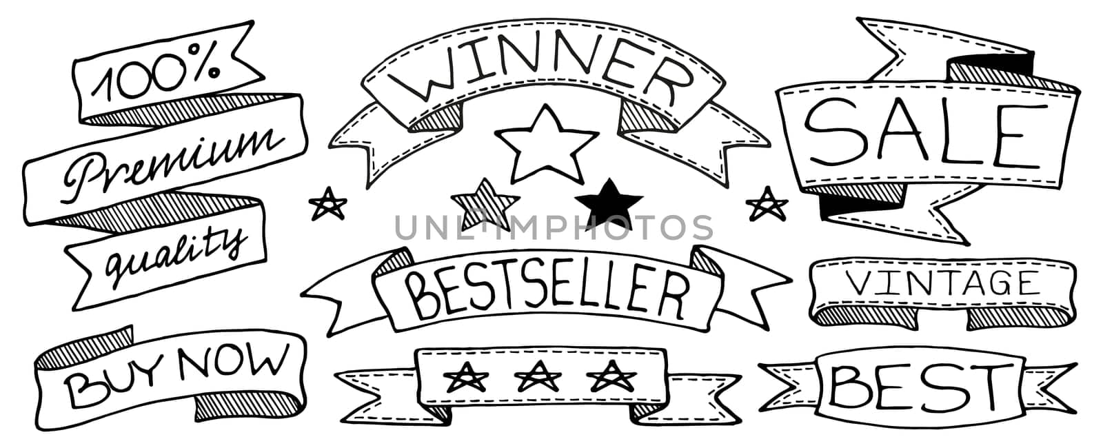 Doodle banners, flags, ribbons and tags set, hand drawn with thin line. Vector illustration isolated on white background