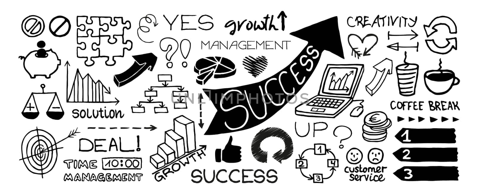 Doodle business symbols in a banner shape, hand drawn with thin line. Vector illustration isolated on white background