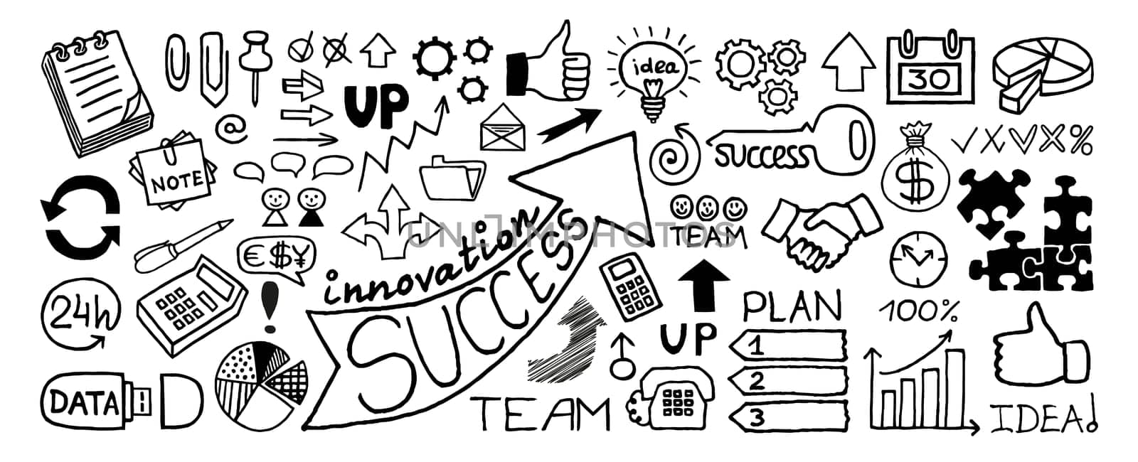 Doodle business symbols in a banner shape, hand drawn with thin line. Vector illustration isolated on white background