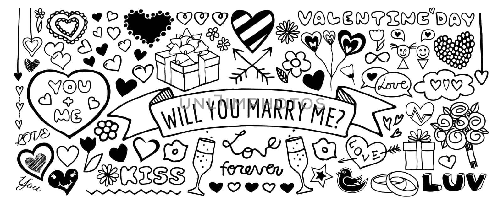 Doodle banner with hearts, arrows, bows, presents, flowers etc. Design elements for Valentine's Day, birthday card etc. Vector illustration isolated on white background