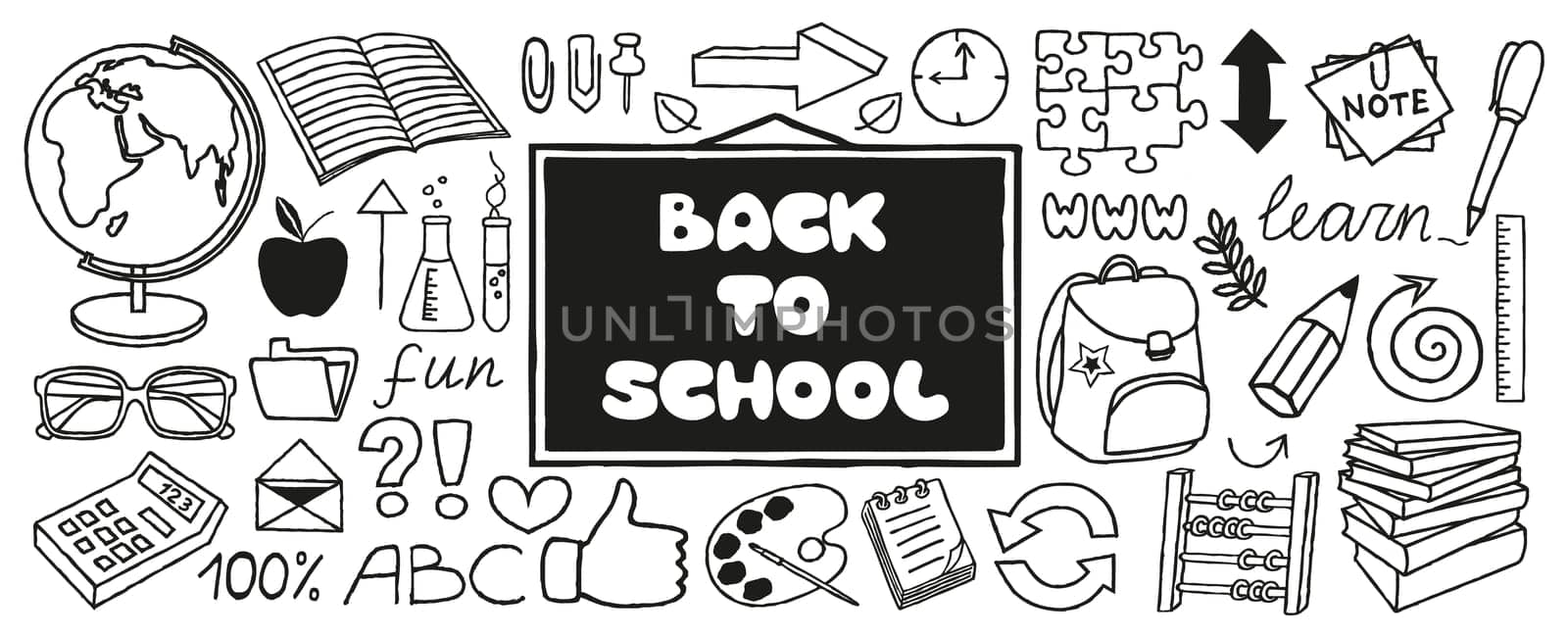 Back to School doodles banner, hand drawn with thin line. Educational icons set with blackboard, school bag, supplies, puzzle, thumb up. Vector Illustration isolated on white background