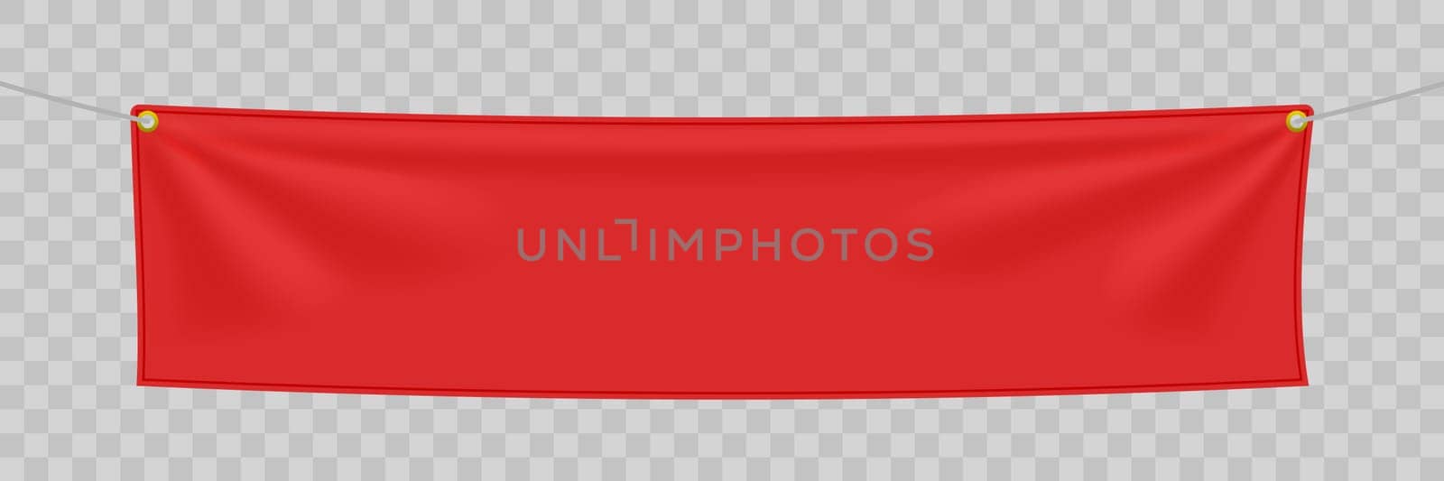 Red textile banner with folds, isolated on white background. Blank hanging fabric template. Empty mockup. Vector illustration