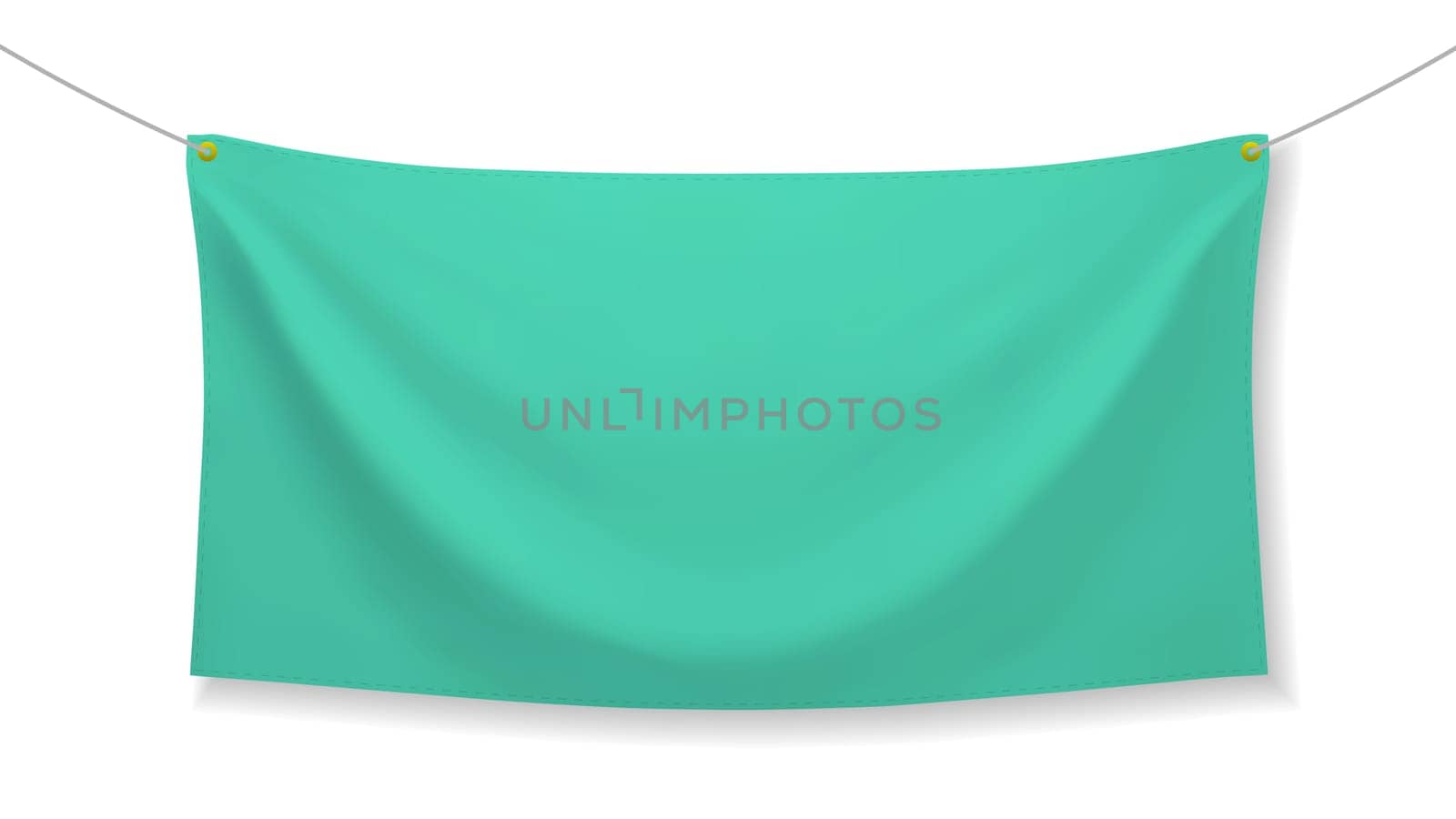 Green textile banner with folds, isolated on white background. Blank hanging fabric template, empty mockup. Vector illustration