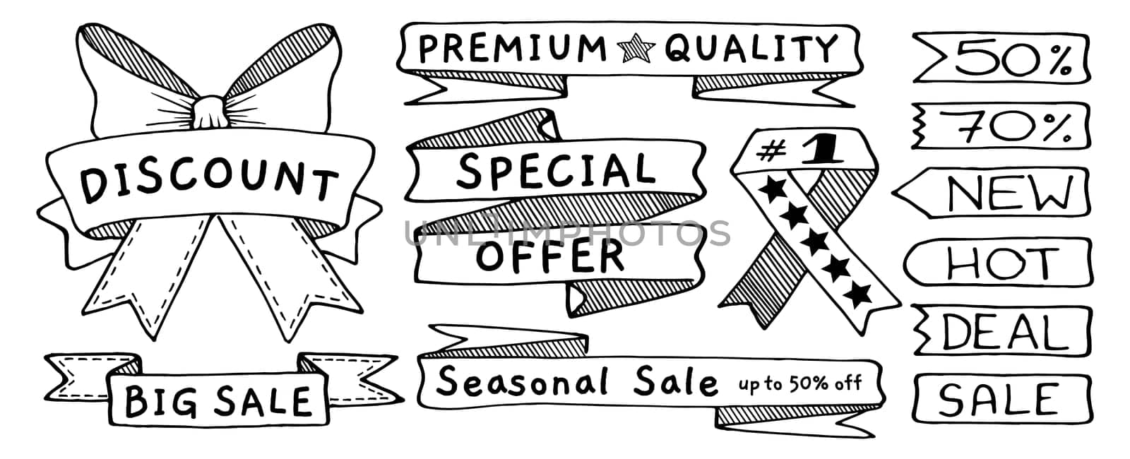 Doodle banners, flags, ribbons and tags set, hand drawn with thin line. Vector illustration isolated on white background