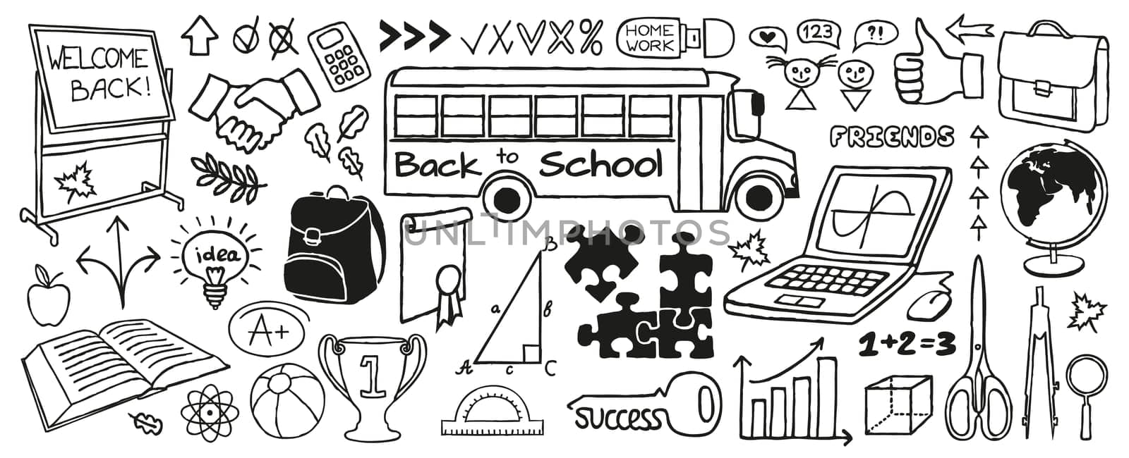 Back to School doodles banner, hand drawn with thin line. Educational icons set with school bus, supplies, puzzle, thumb up. Vector Illustration isolated on white background