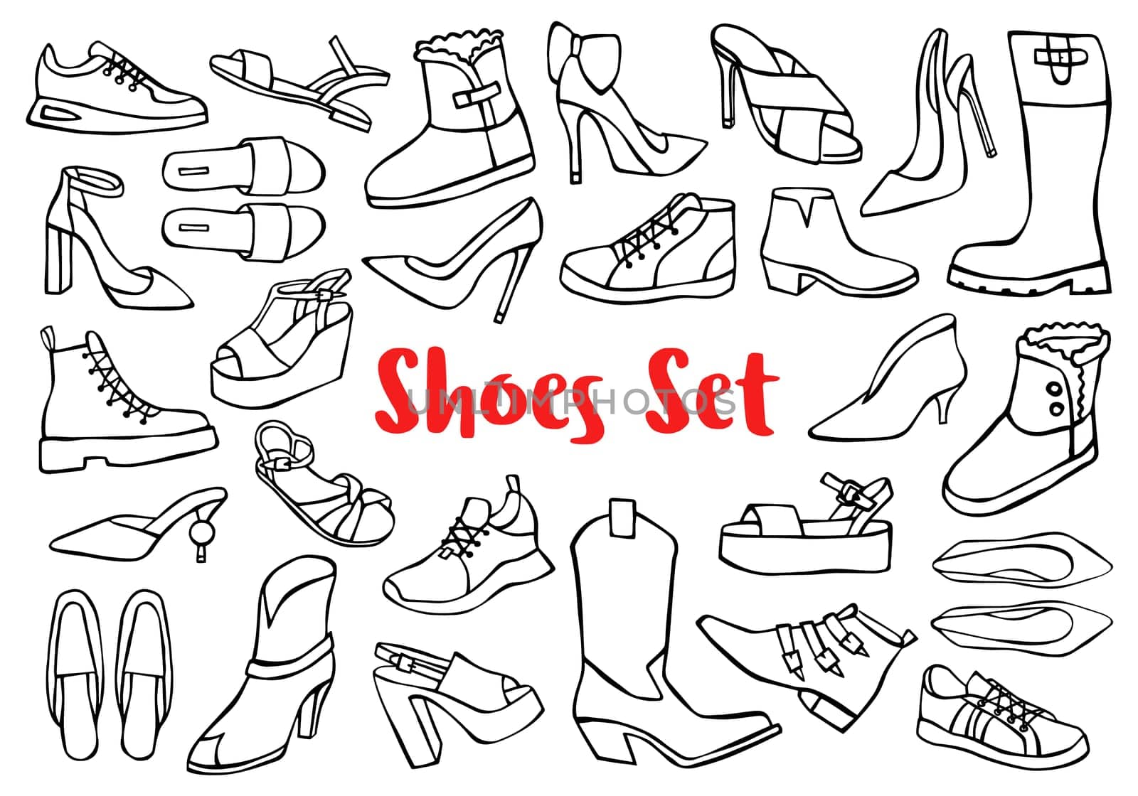 Hand drawn doodle shoes, pumps, boots, sneakers isolated on white background. Vector illustration