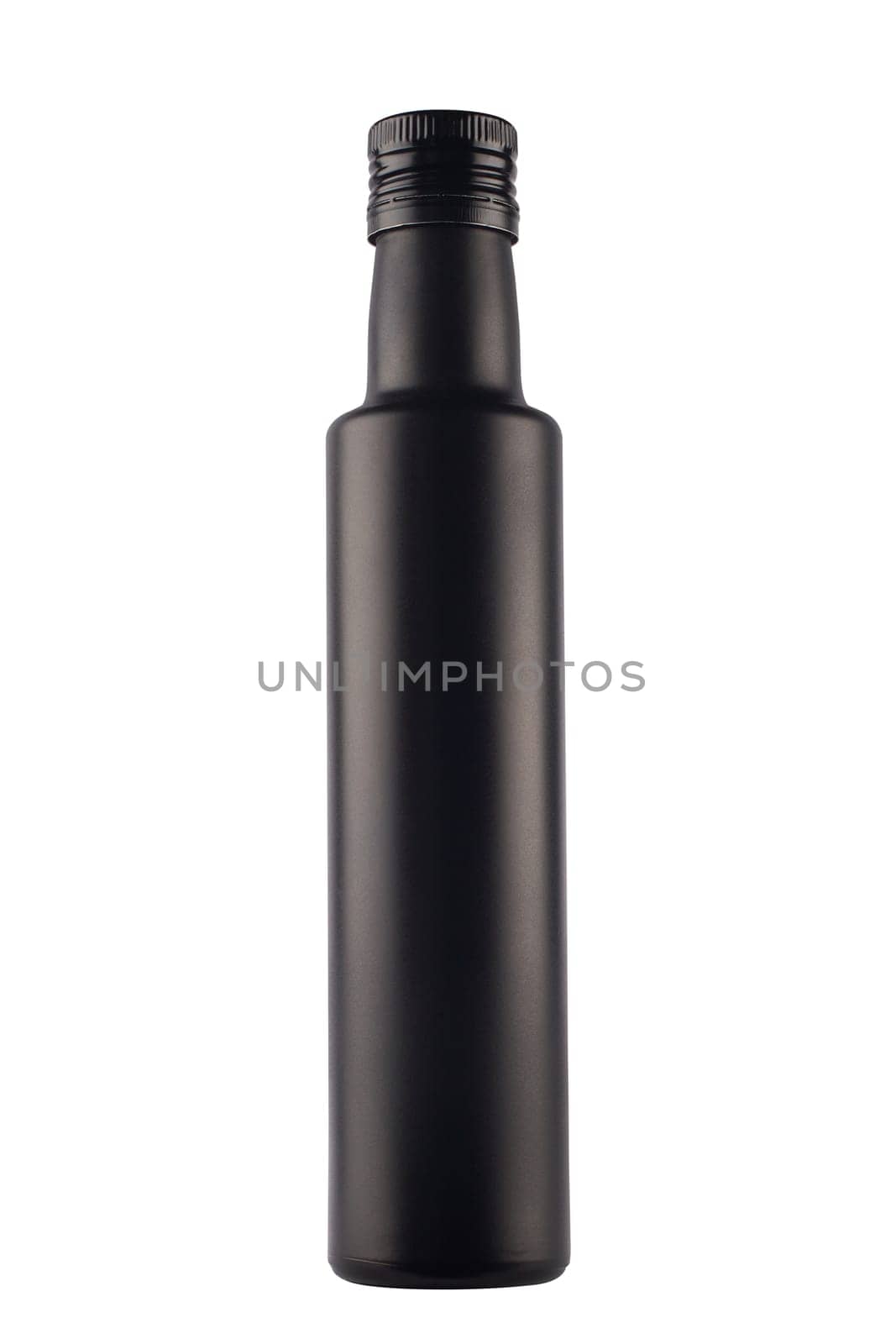 front view closeup of black long thin bottle with metallic screw cap isolated on white background
