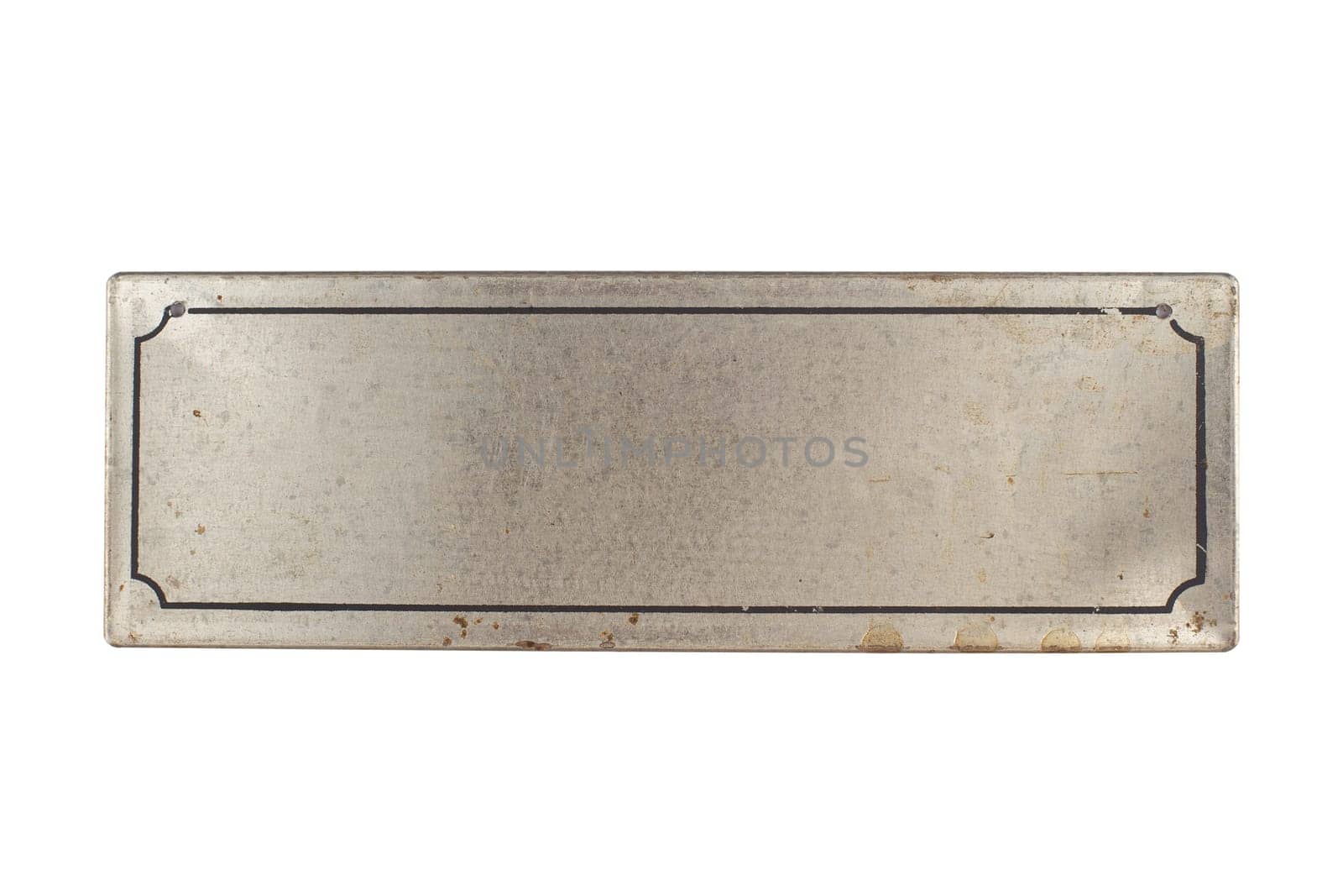 front view closeup of empty vintage metallic signage plaque in silver color with black border isolated on white background