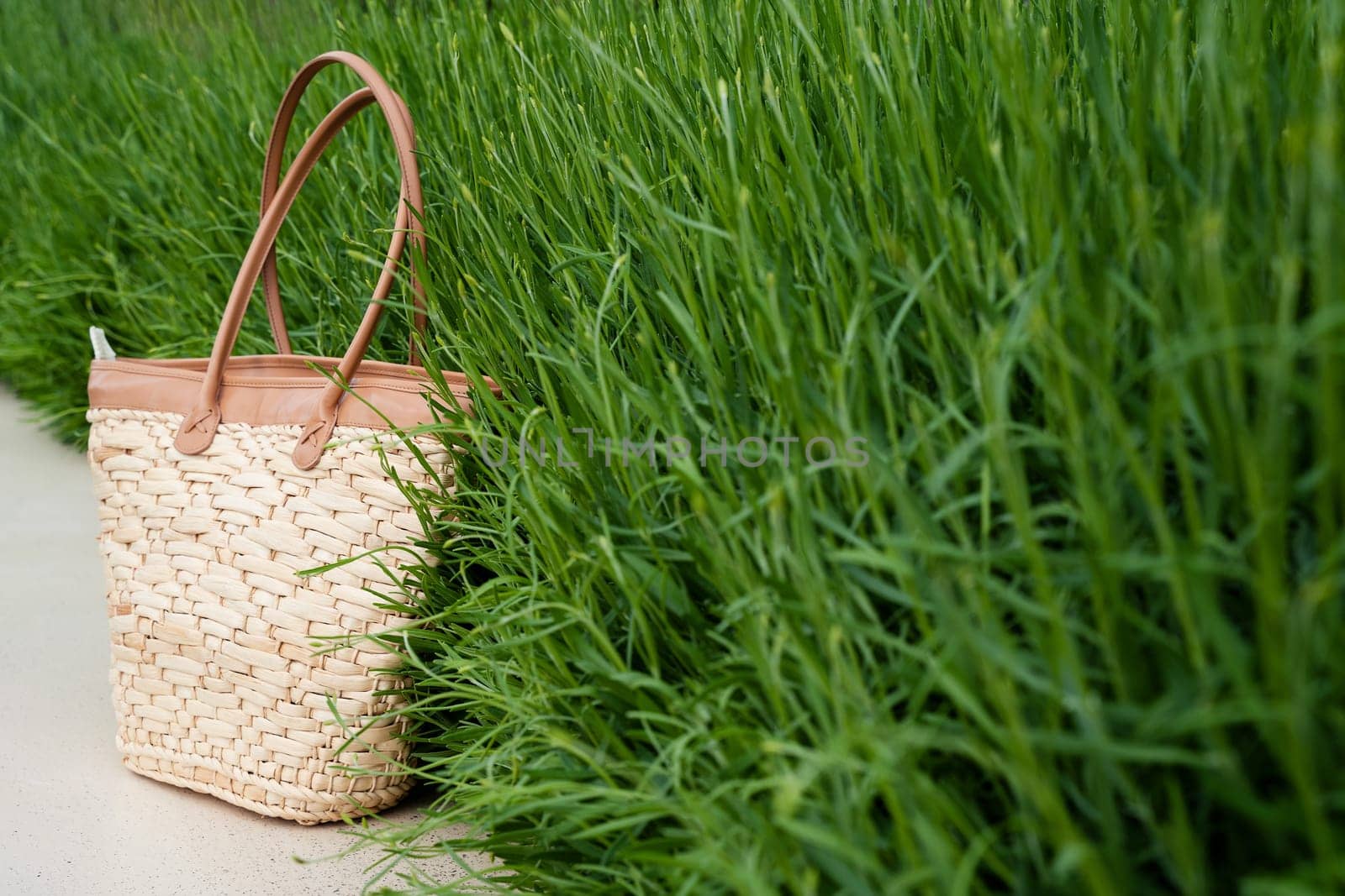 front view closeup of empty brown wicker bag with green grass in the background