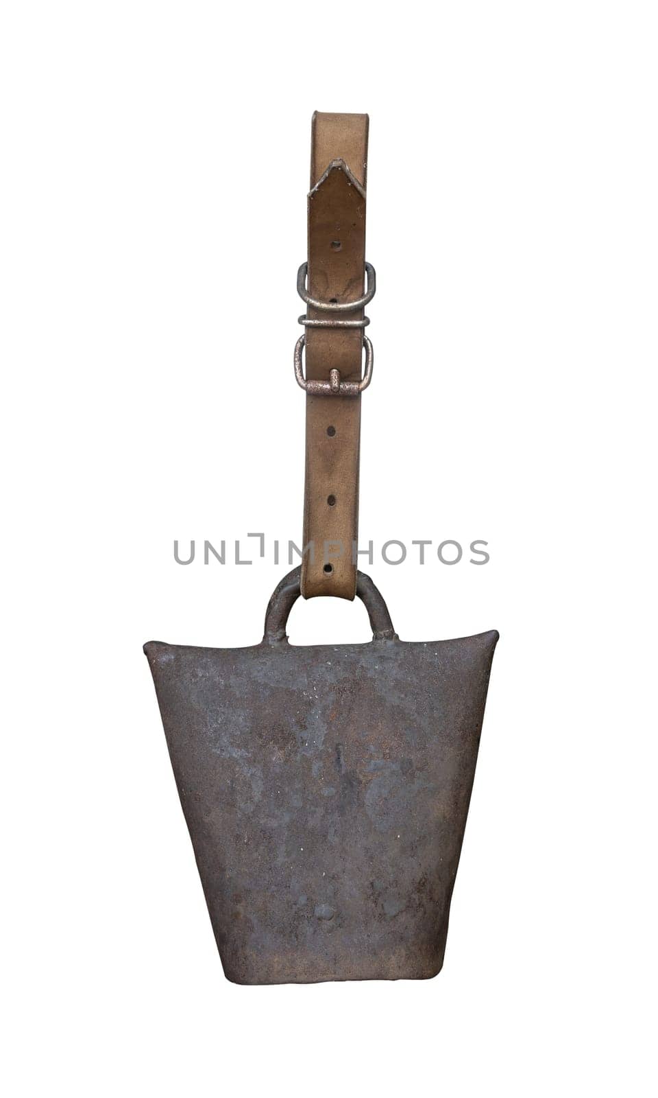 front view closeup of metal rusted cowbell with leather collar isolated on white background