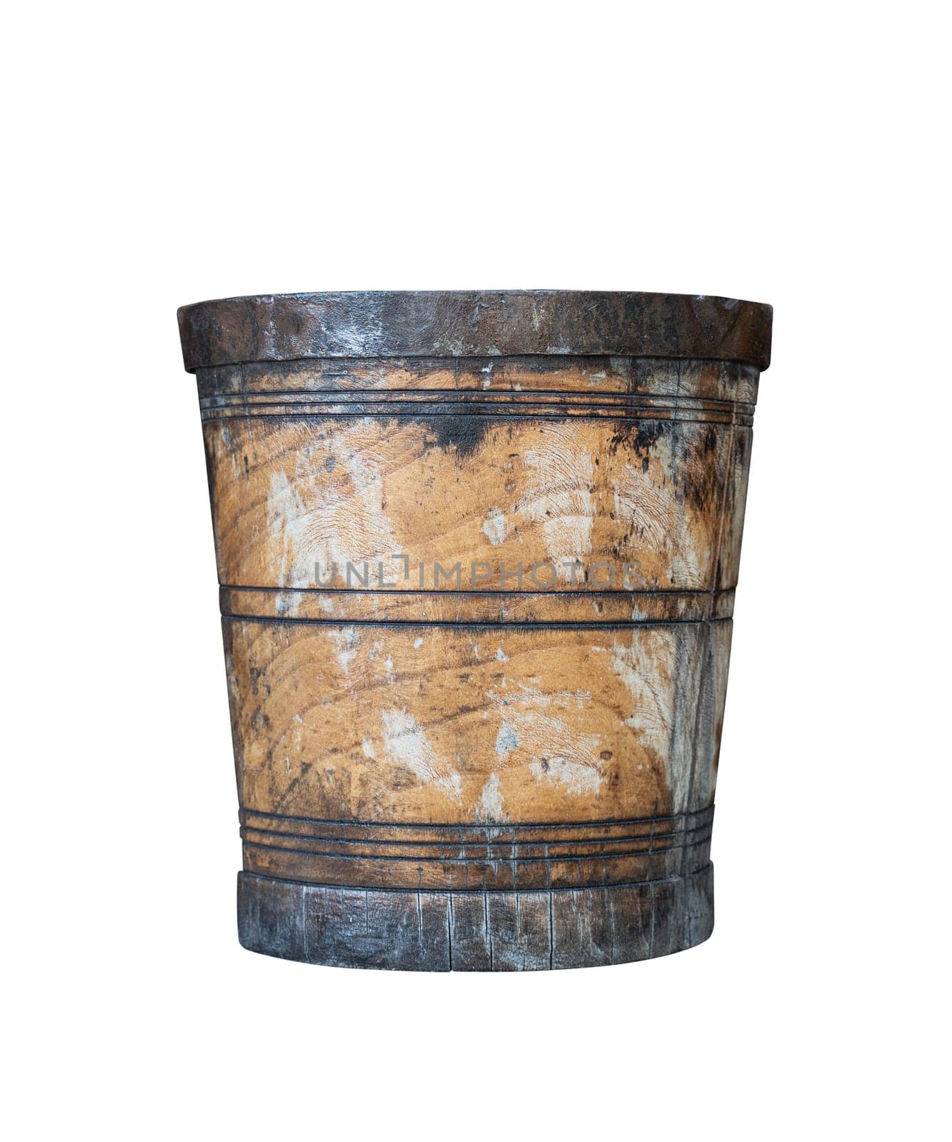 front view closeup of aged wooden bucket with metal rings isolated on white background