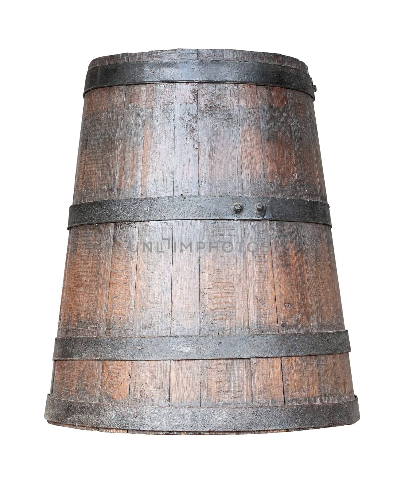 front view closeup of old wooden conical wine whiskey or beer barrel with rusted metallic collars isolated on white background