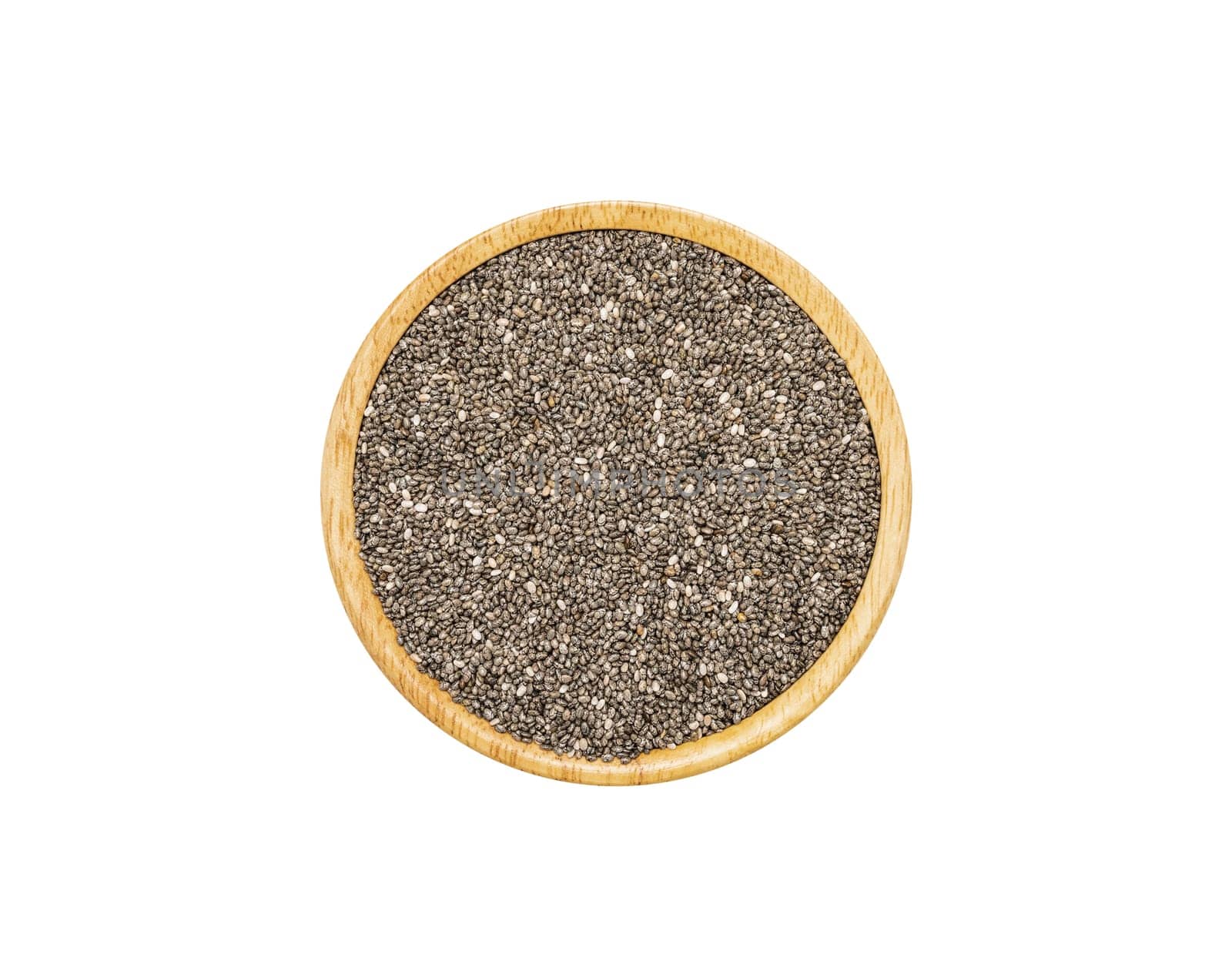 Chia seeds in wooden brown bowl isolated on white background, top view. Healthy organic super food concept