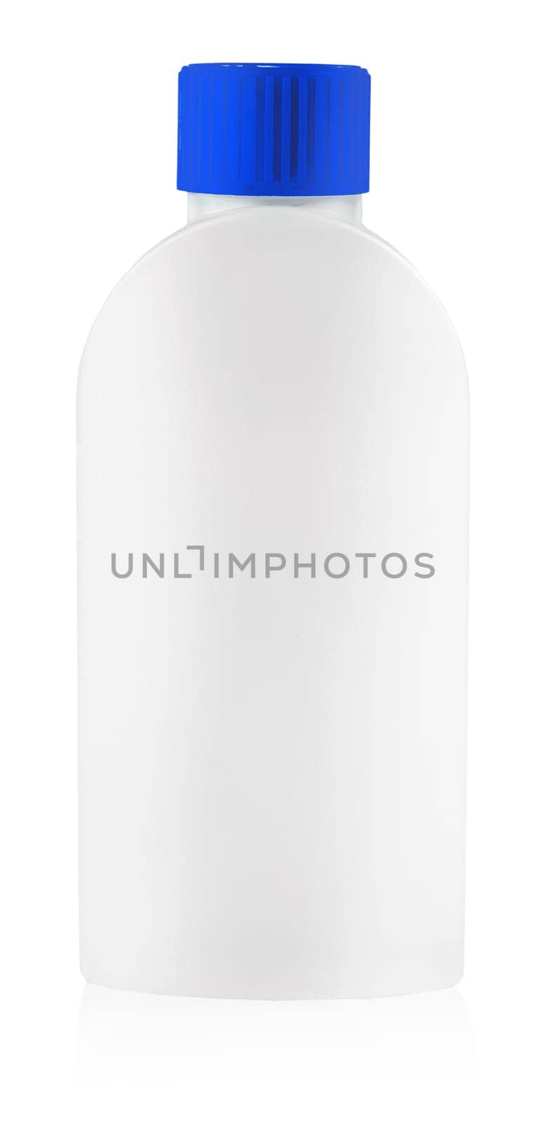 The white plastic bottle with blue cover on white background
