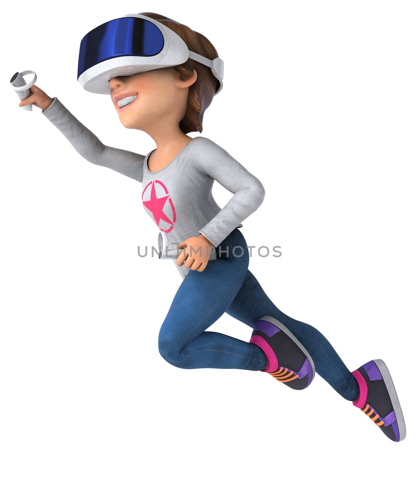 Fun 3D Illustration of a teenage girl with a VR Helmet