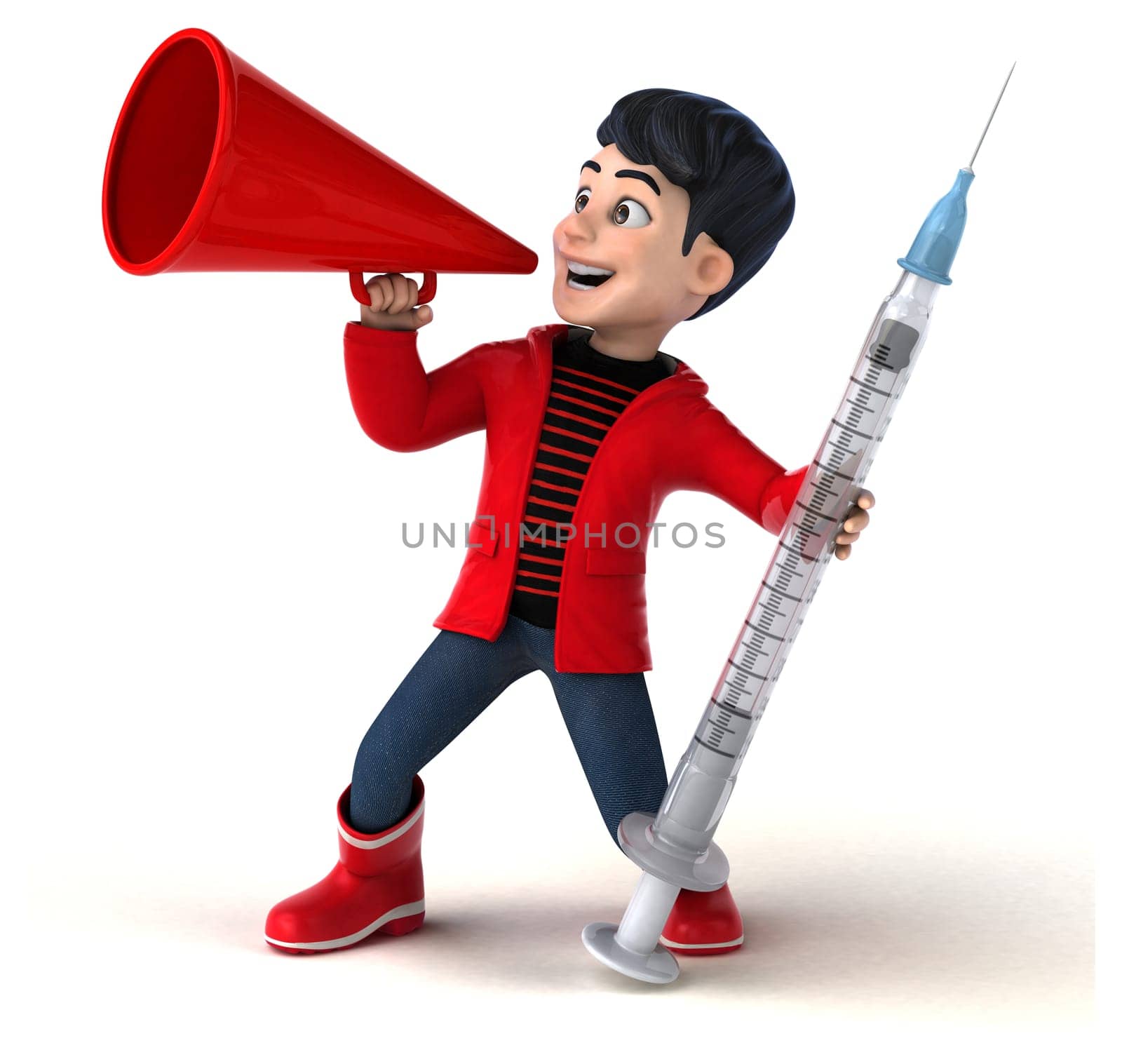 Fun 3D cartoon teenage boy with a syringe
