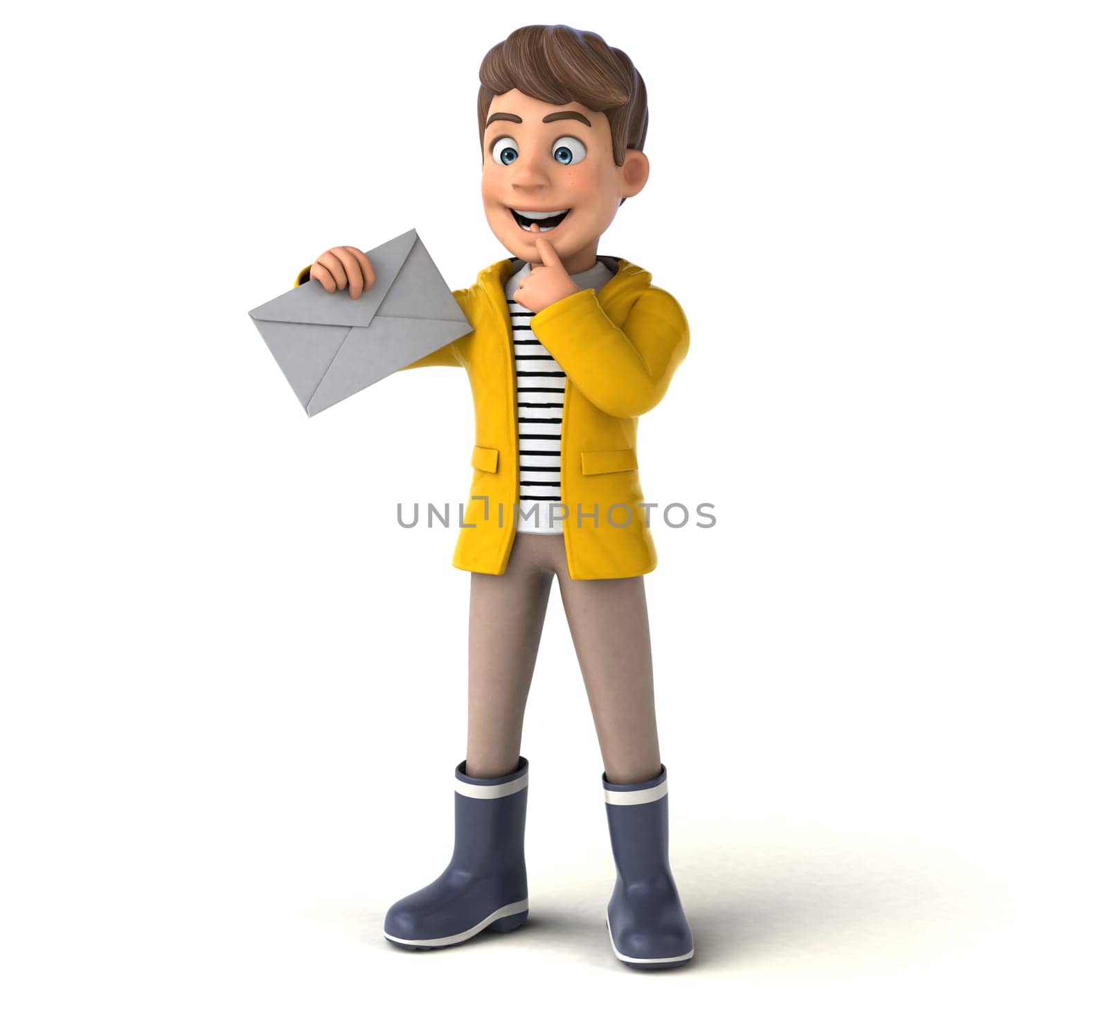 Fun 3D Illustration of a cartoon kid with rain gear
