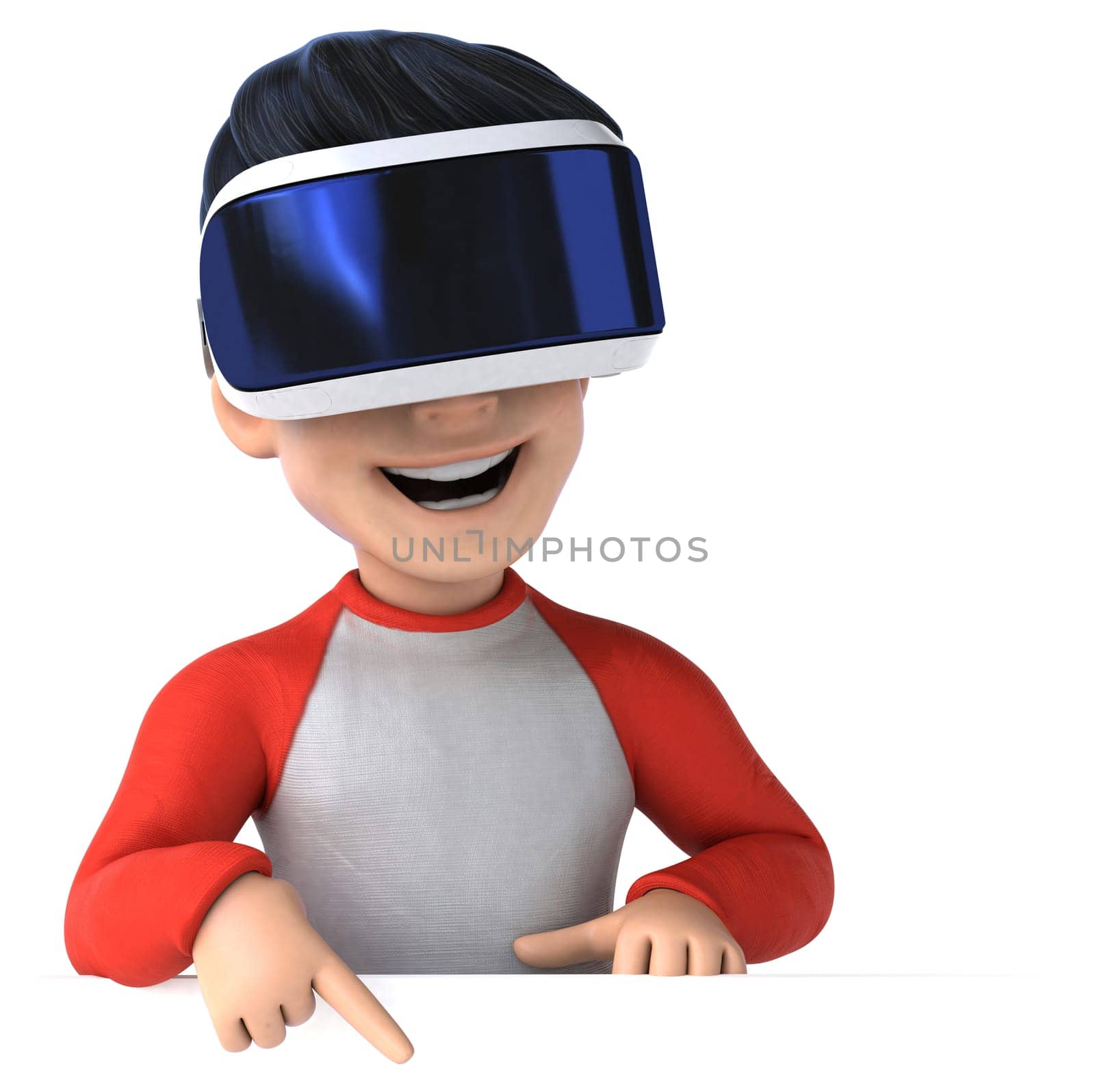 Fun 3D illustration of a cartoon kid with a VR helmet