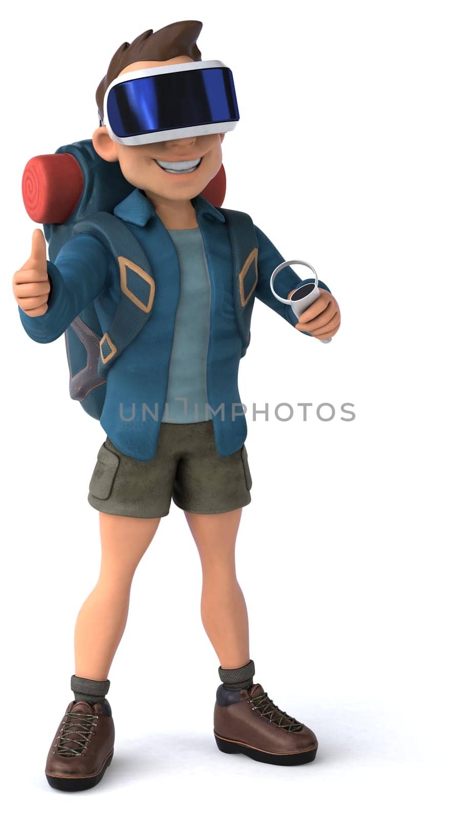 Fun 3D Illustration of a backpacker with a VR Helmet