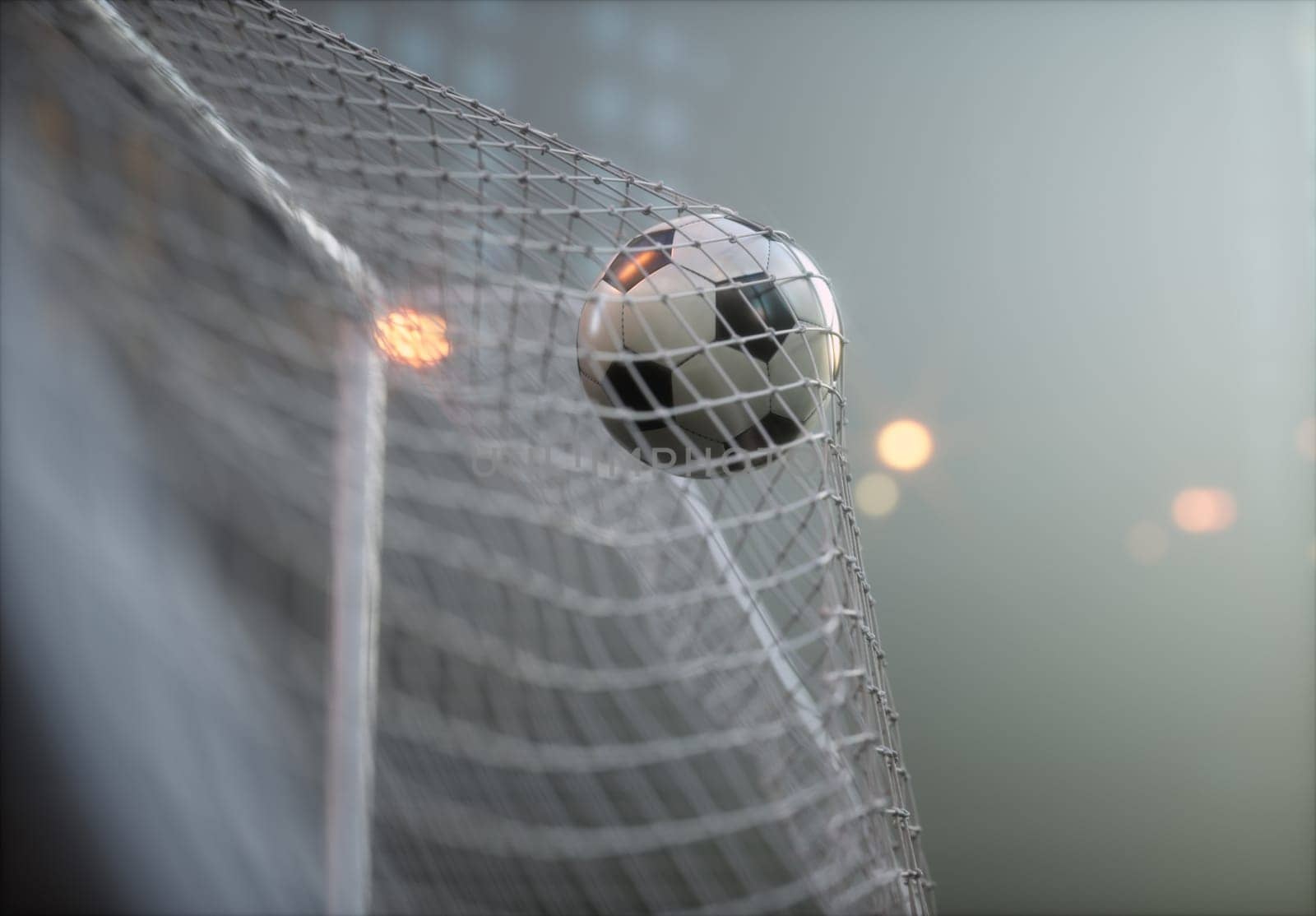 Soccer ball, scoring the goal and moving the net. 3D illustration.