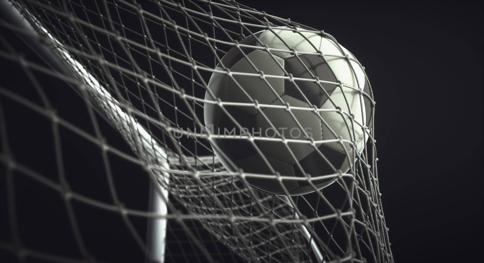 Soccer ball, scoring the goal and moving the net. 3D illustration, on black background.