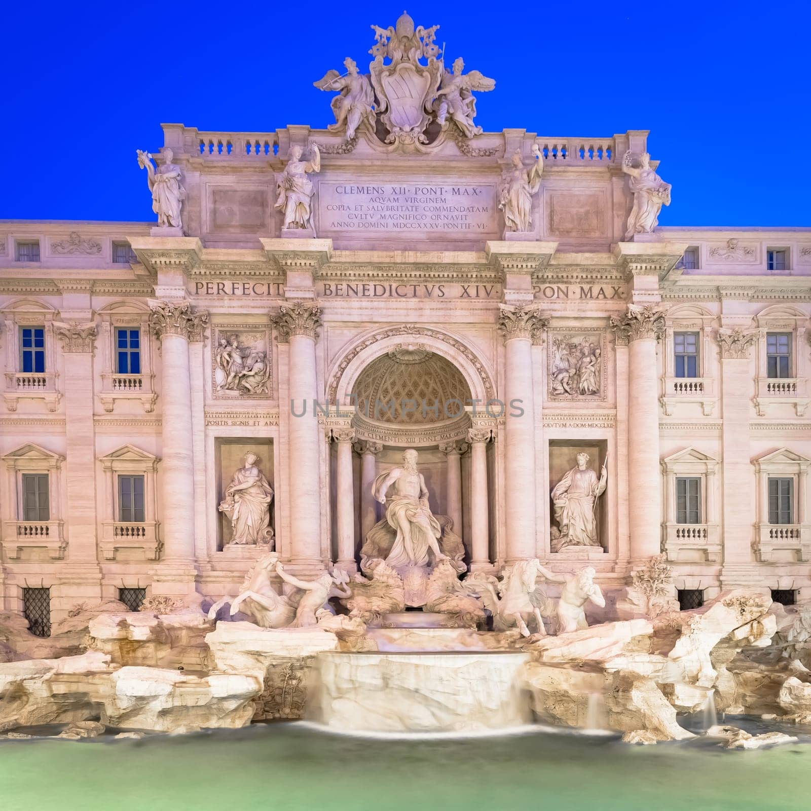 Rome, Italy. Trevi fountain at night, the masterpiece of Italian classical baroque architecture.