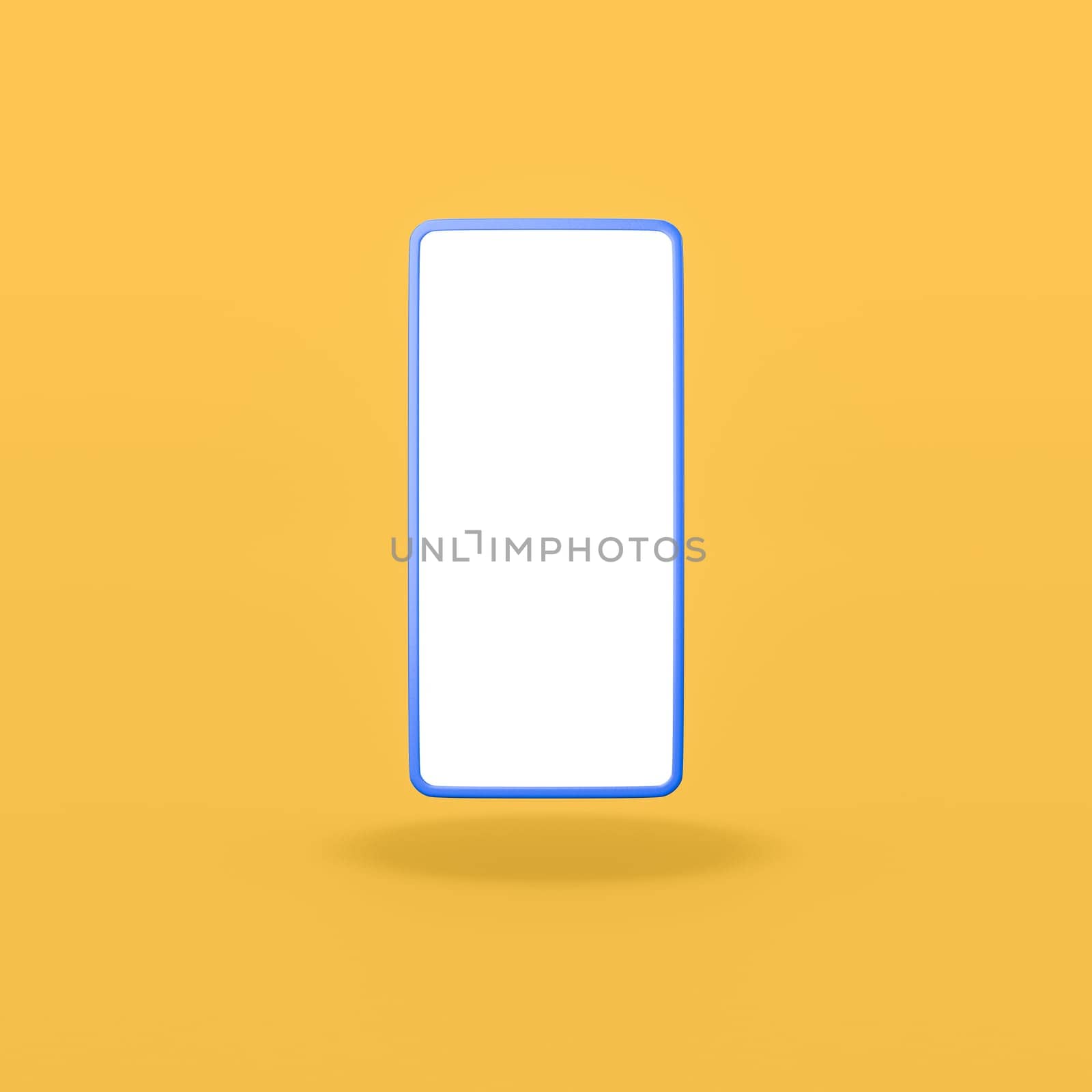 Cartoon White Blank Screen Mobile Phone Isolated on Flat Yellow Background with Shadow 3D Illustration