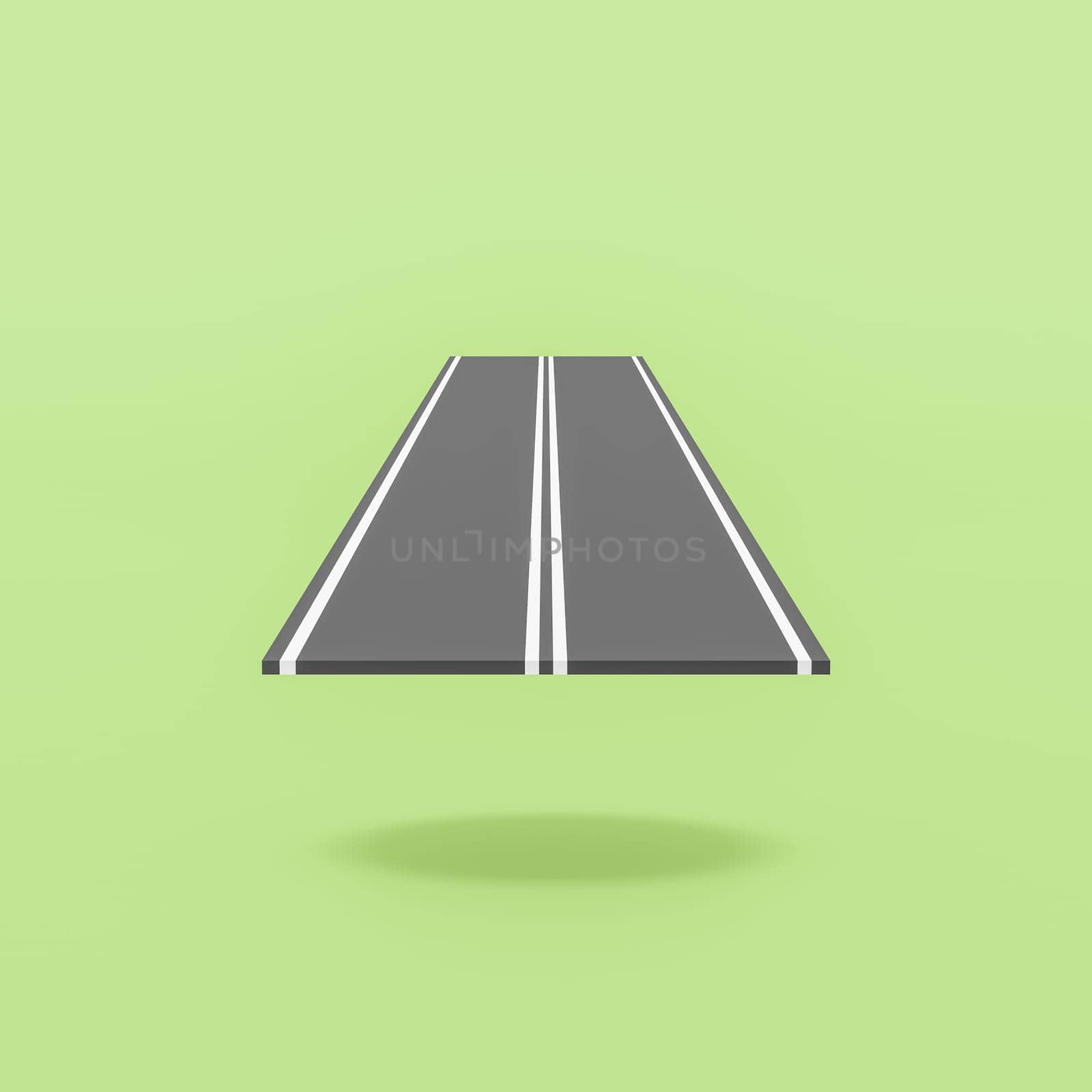 Cartoon Asphalt Road Isolated on Flat Green Background with Shadow 3D Illustration