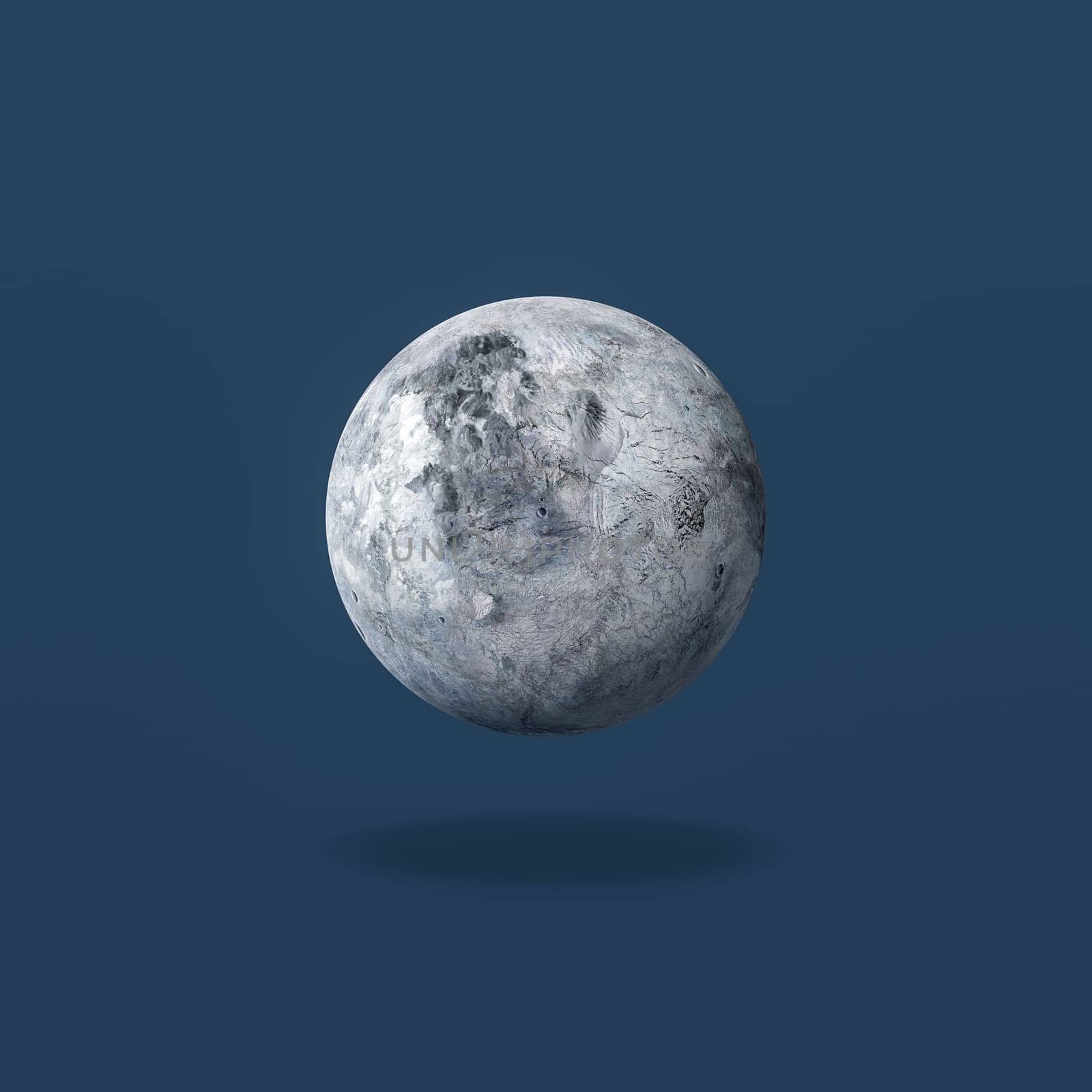 Eris Planet Isolated on Flat Blue Background with Shadow 3D Illustration. Texture from solarsystemscope.com